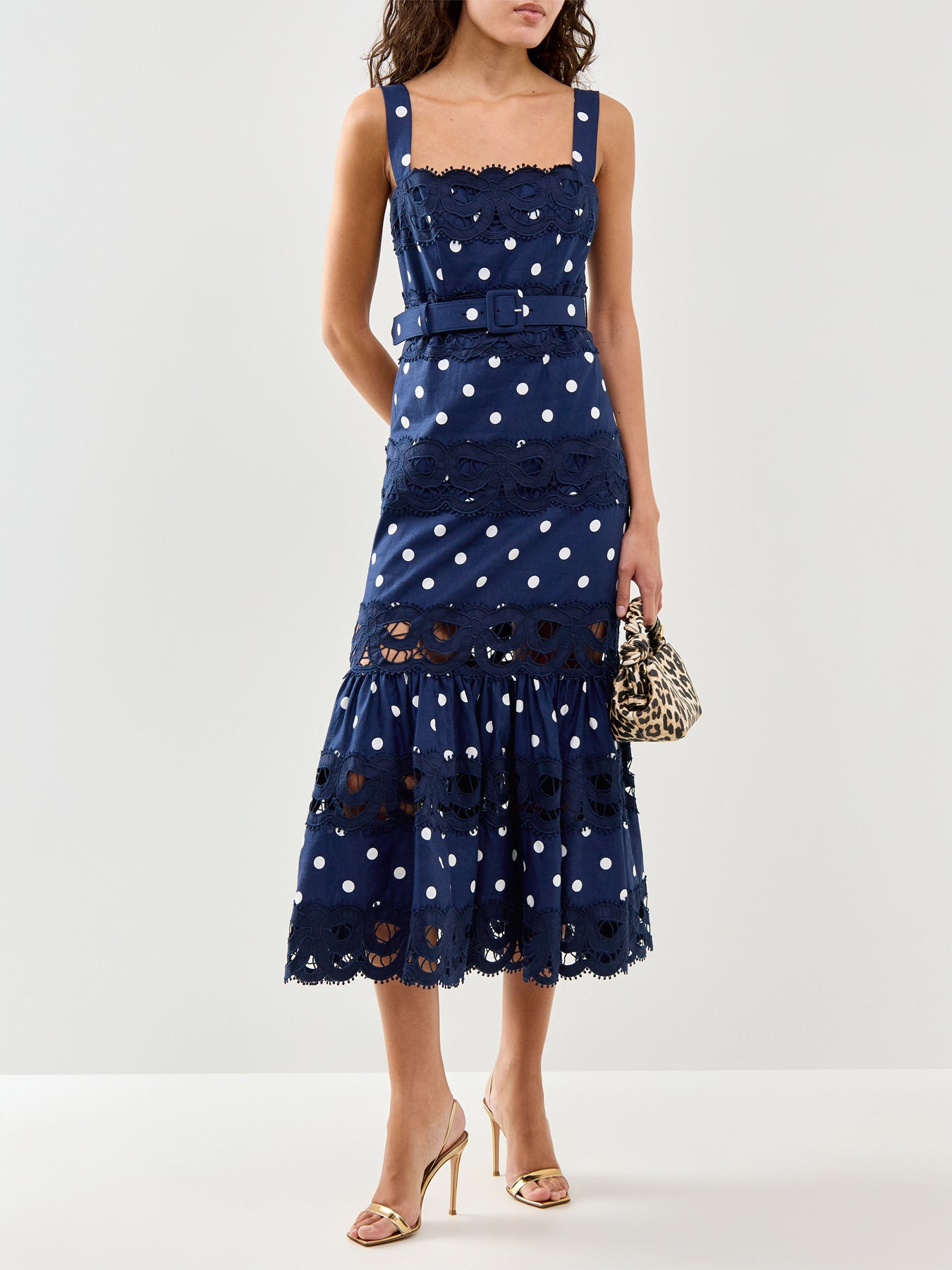 Navy Polka Dot Linen Midi Dress