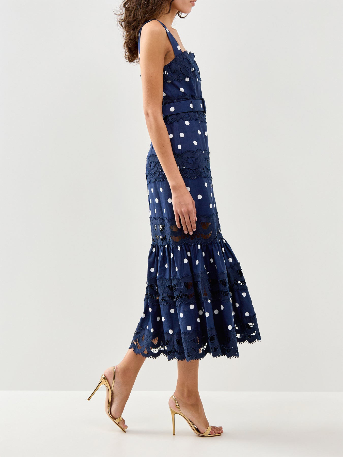 Navy Polka Dot Linen Midi Dress