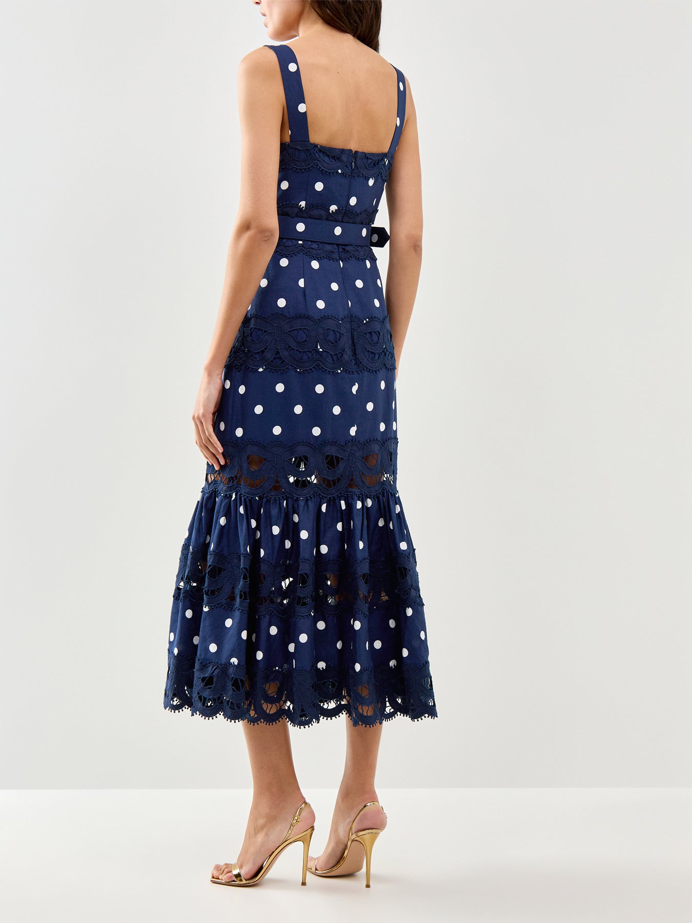 Navy Polka Dot Linen Midi Dress