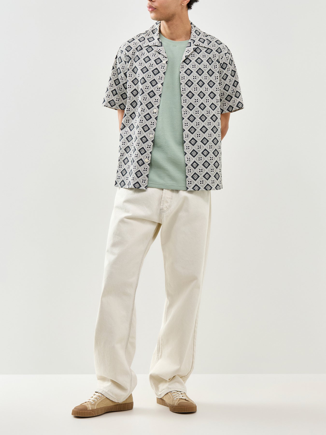 Didcot Short Sleeve Tile Print Shirt Ecru Black