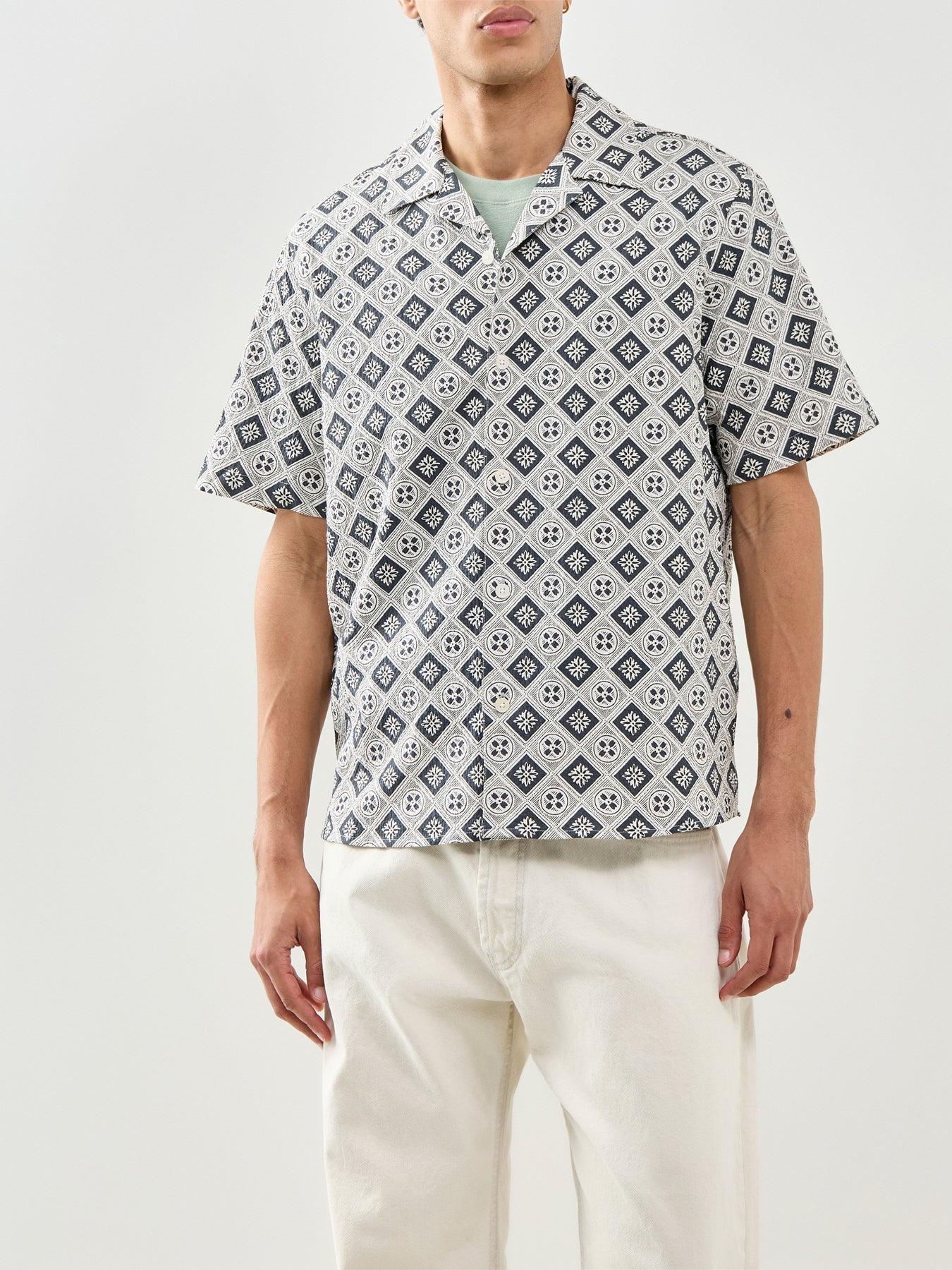 Didcot Short Sleeve Tile Print Shirt Ecru Black