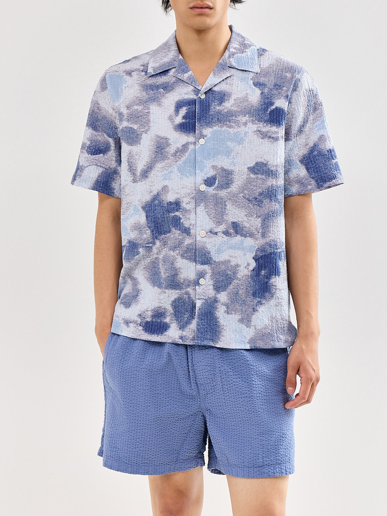 Didcot Watercolour Print Short Sleeve Shirt Blue