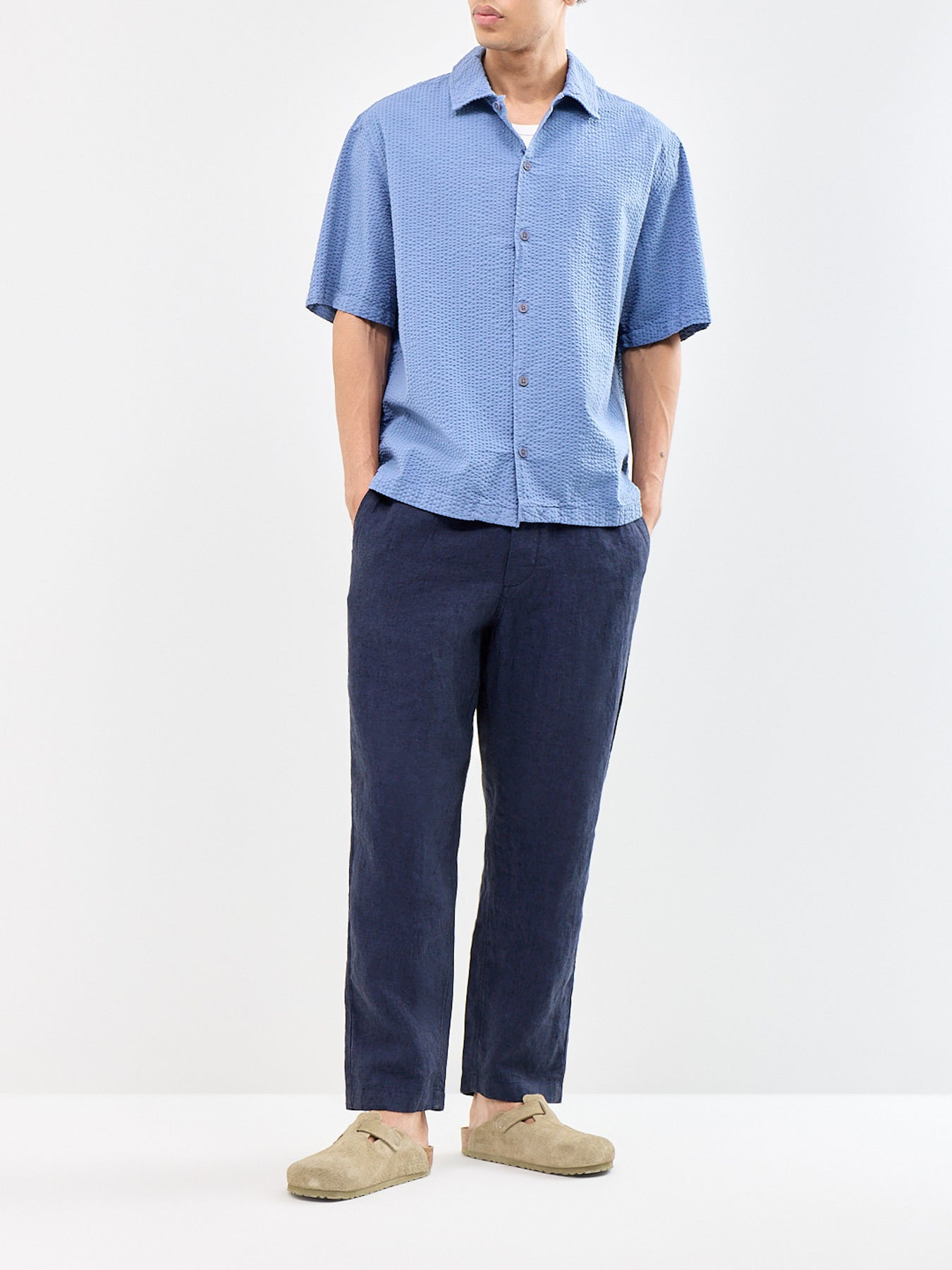 Keats Cotton Seersucker Short Sleeve Shirt Blue
