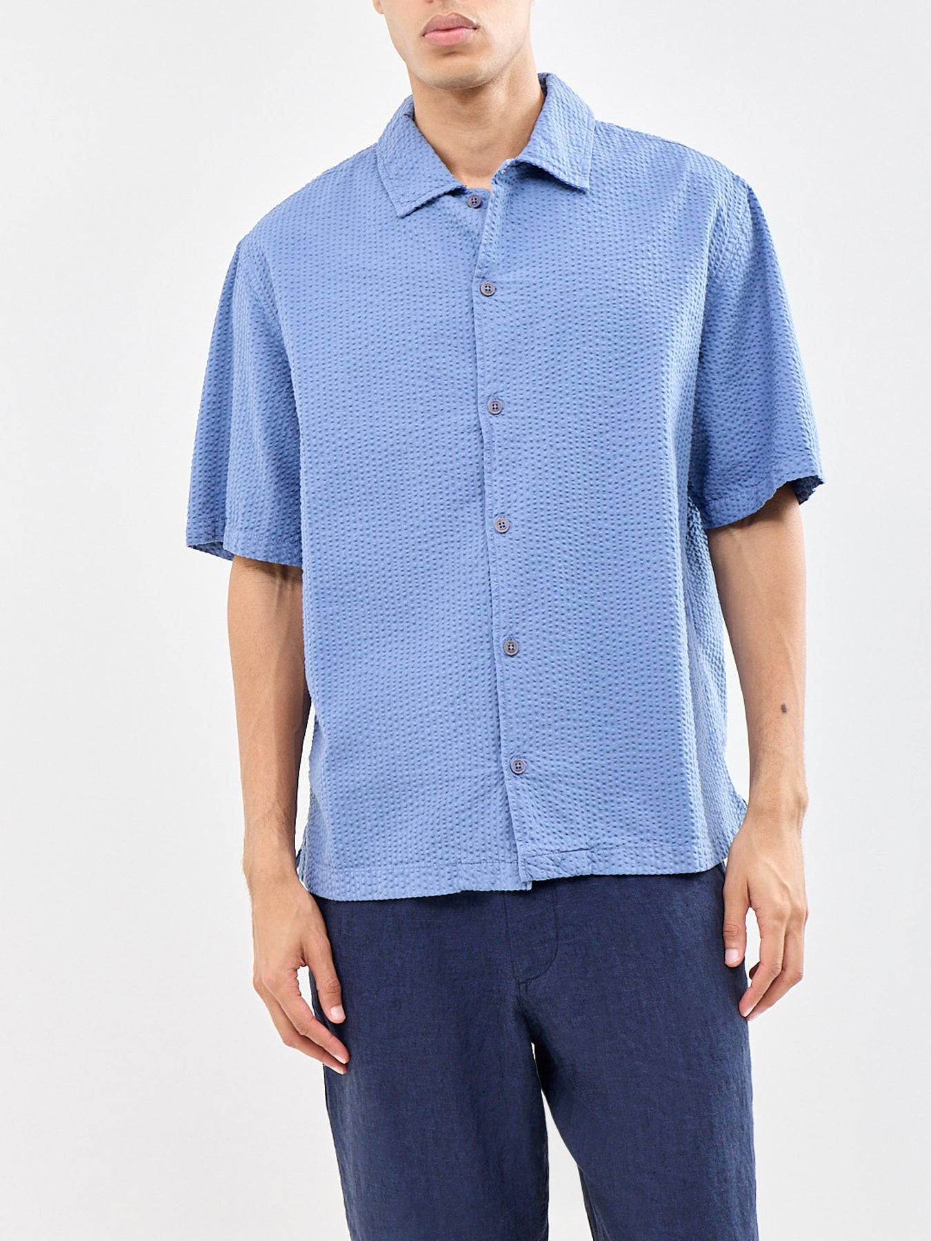 Keats Cotton Seersucker Short Sleeve Shirt Blue