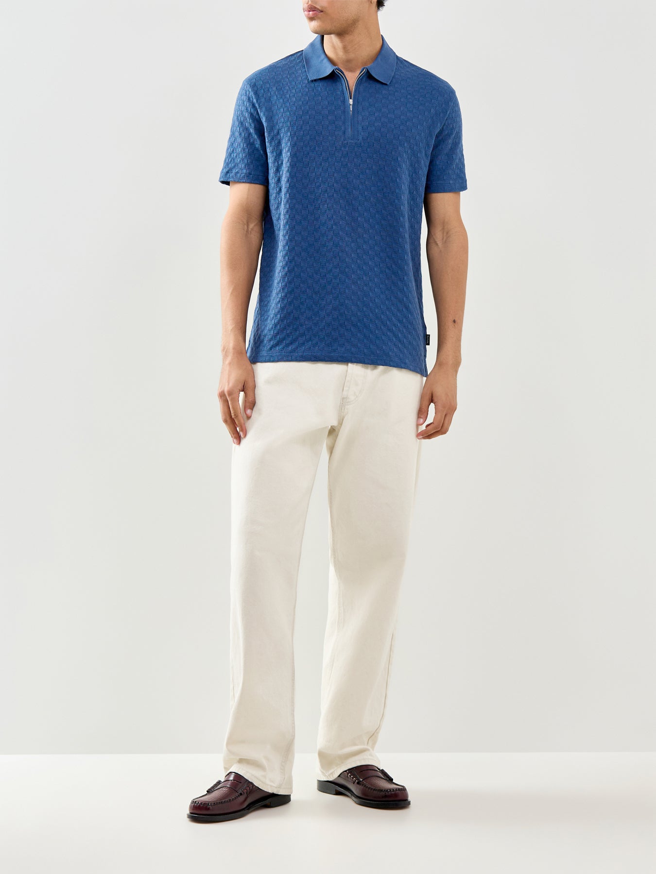 Textured Zip Knitted Polo Blue