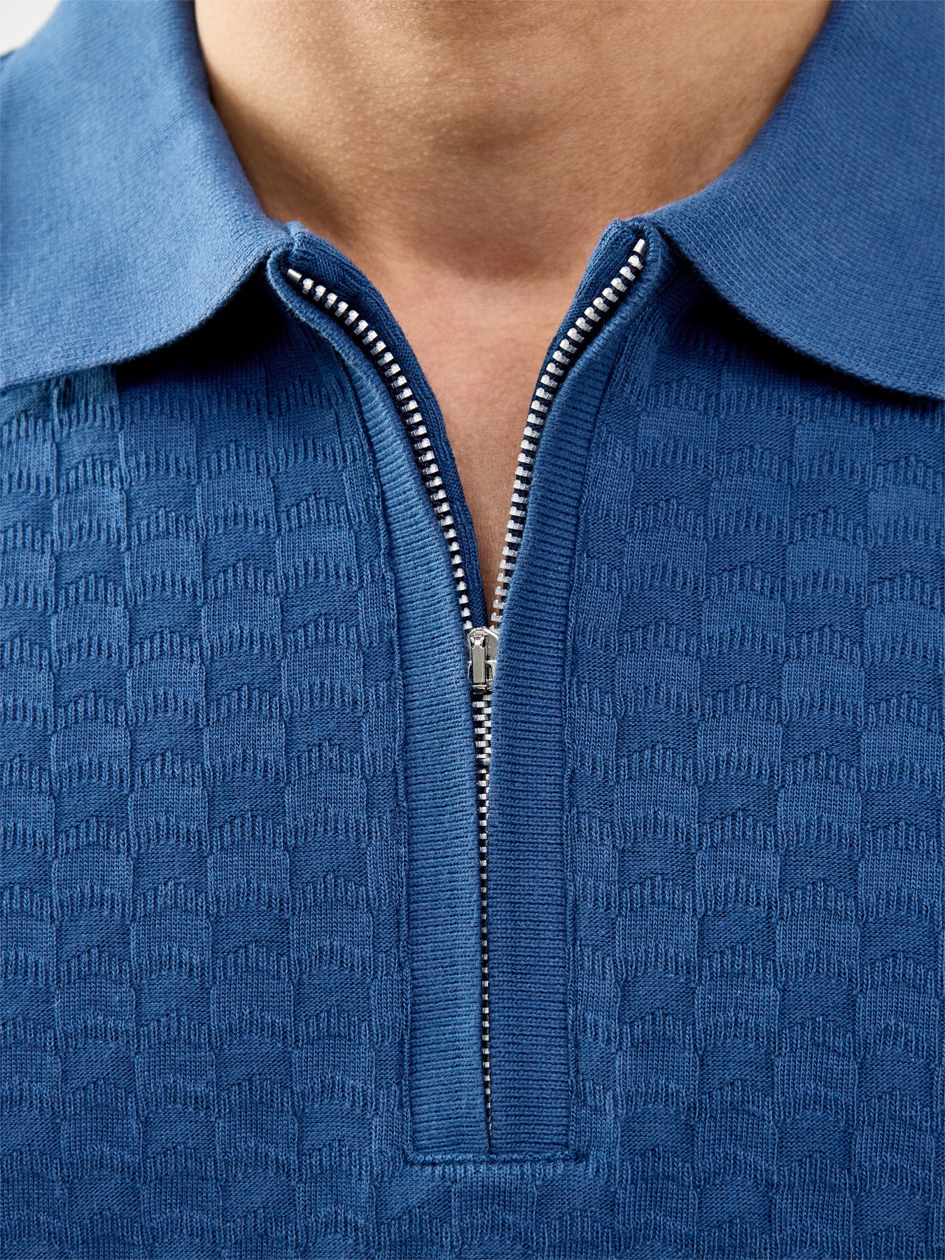 Textured Zip Knitted Polo Blue