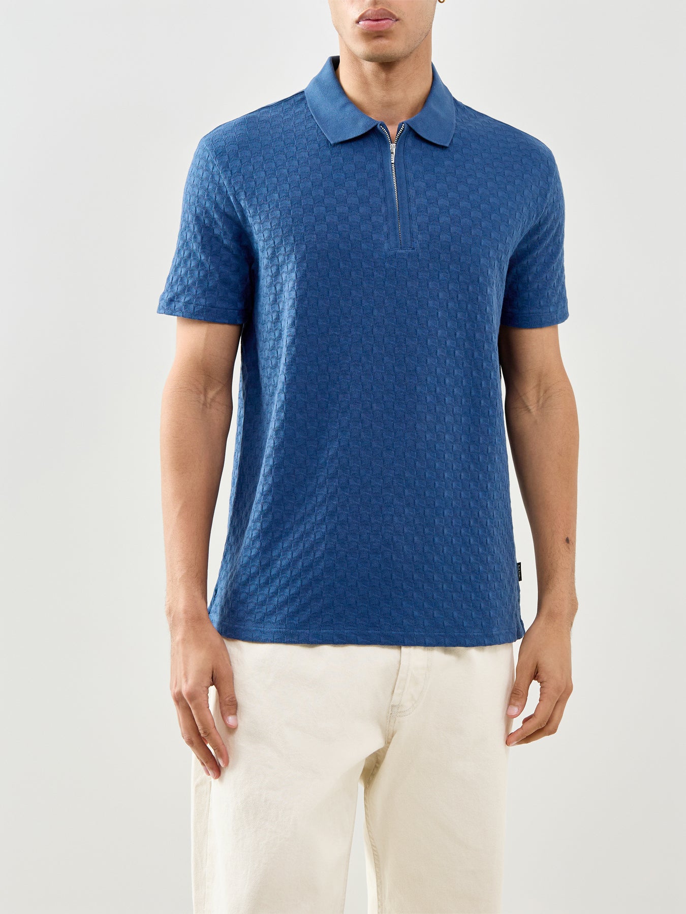 Textured Zip Knitted Polo Blue