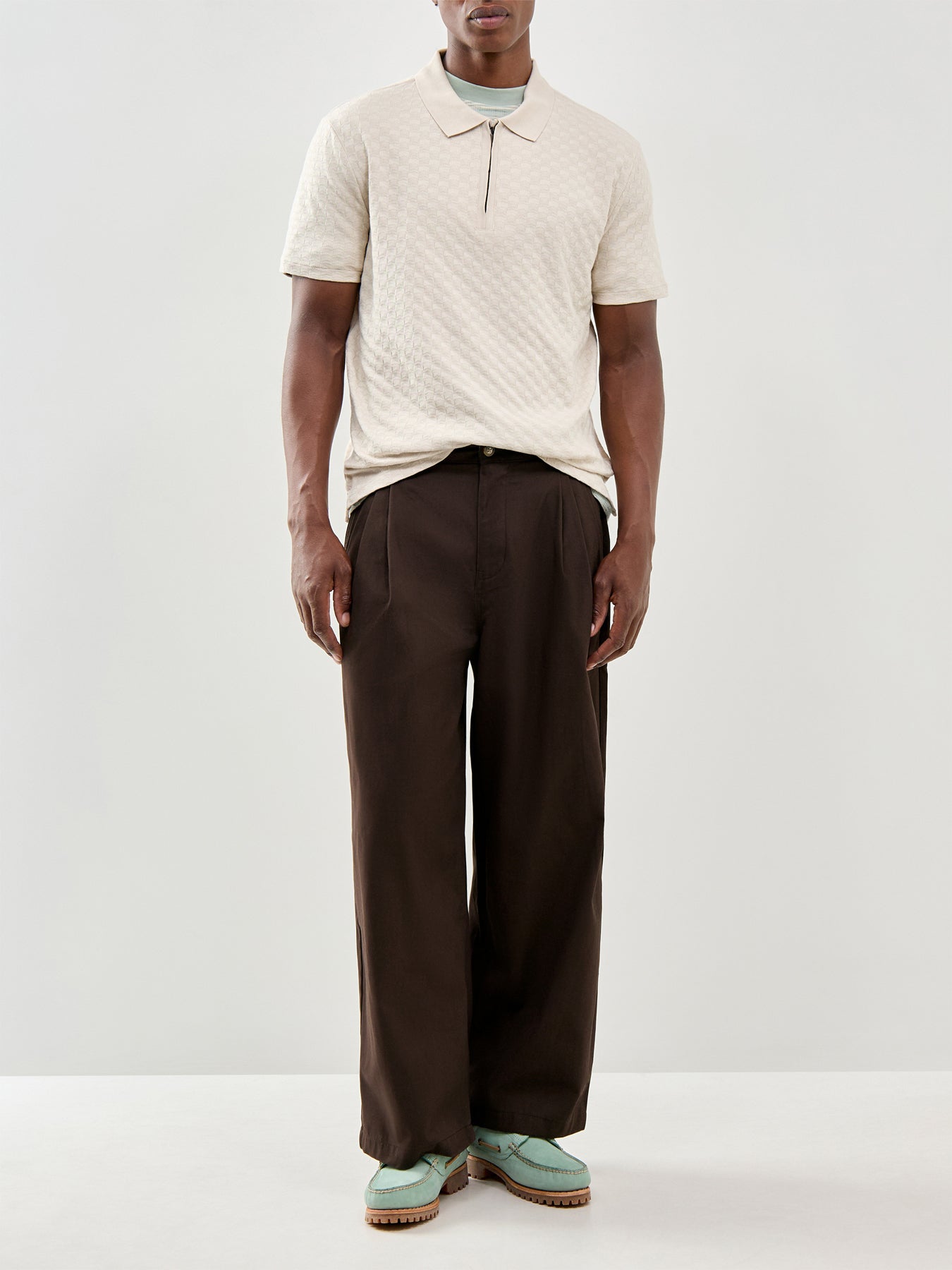 Textured Zip Knitted Polo Shirt Cream