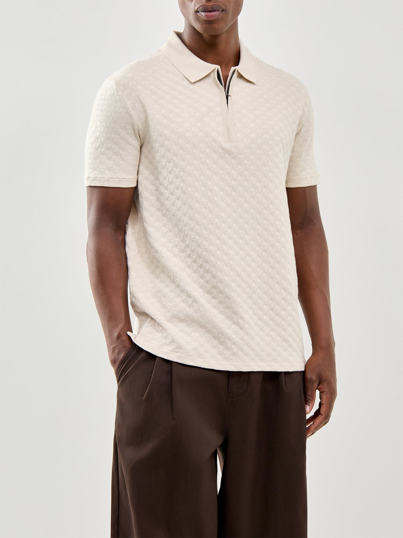 Textured Zip Knitted Polo Shirt Cream