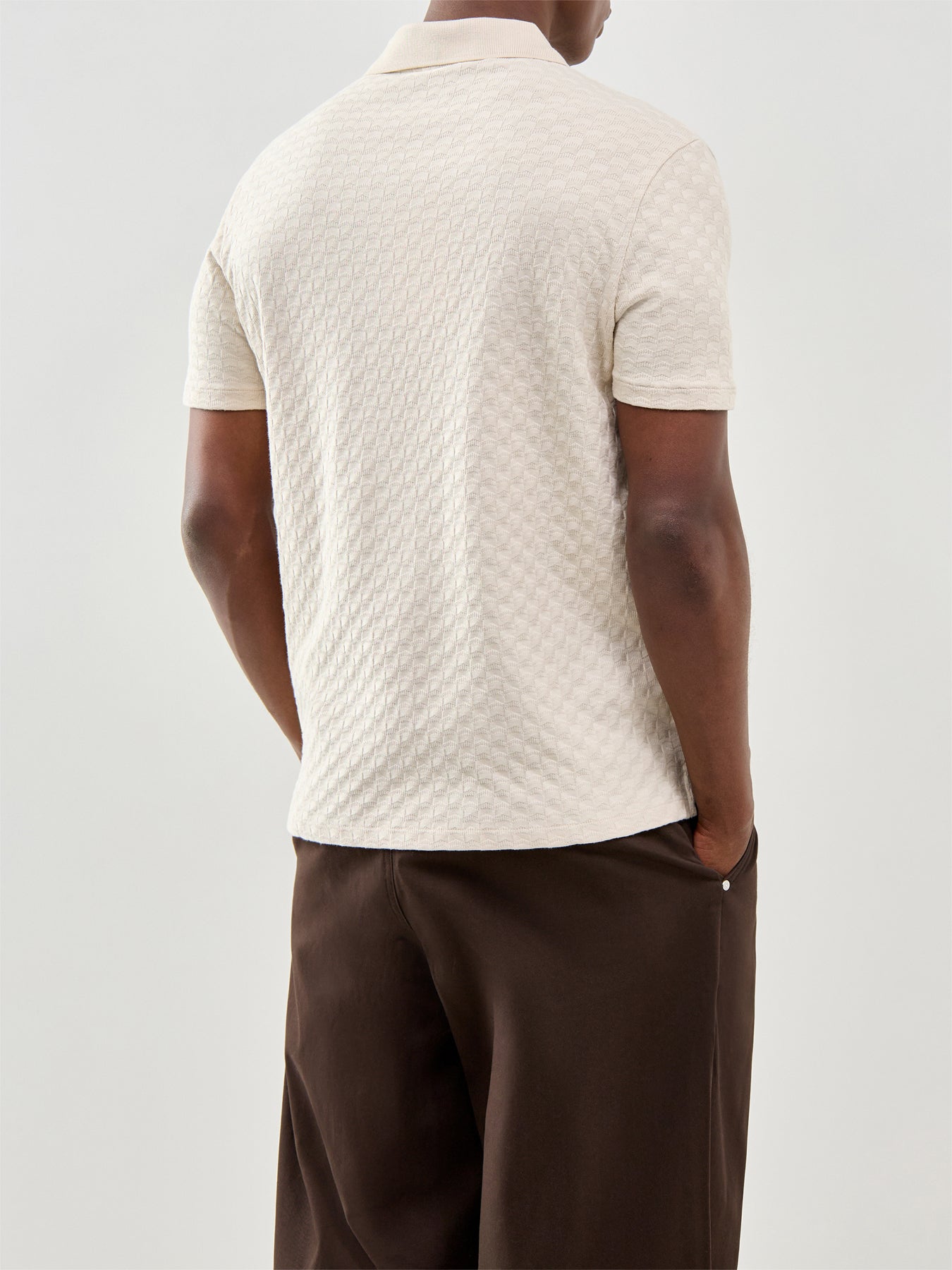 Textured Zip Knitted Polo Shirt Cream