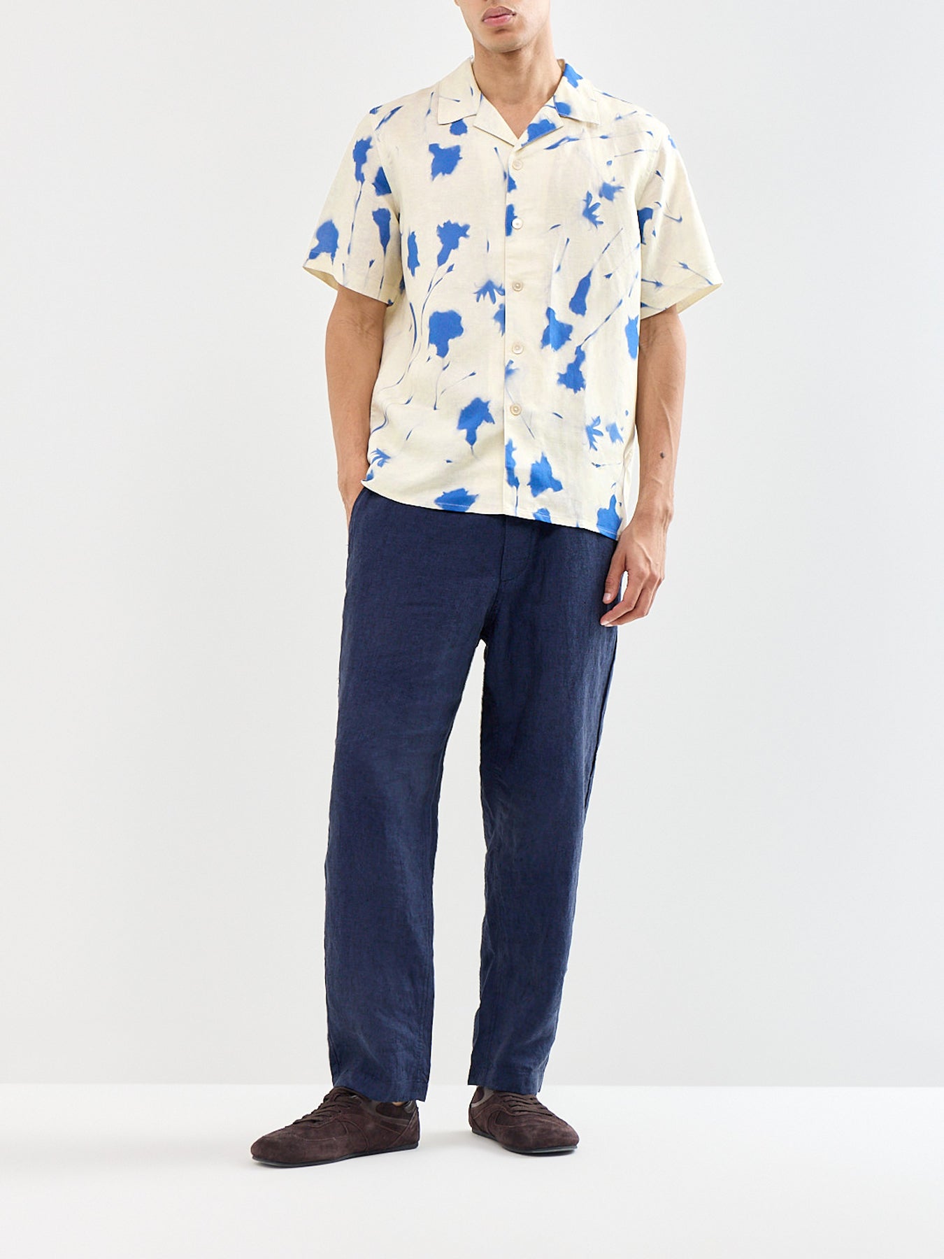 Linen Blend Floral Short Sleeve Shirt White