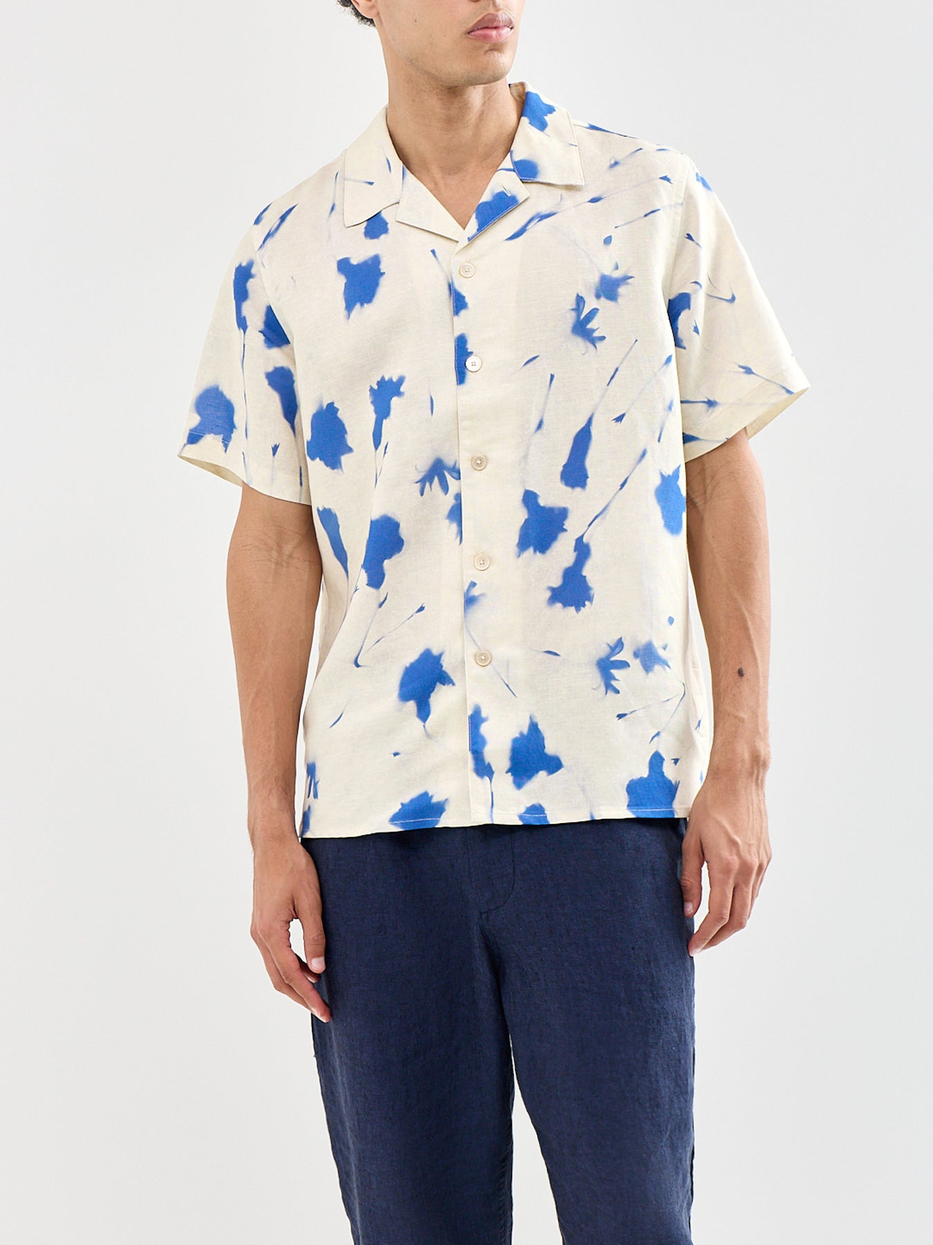 Linen Blend Floral Short Sleeve Shirt White