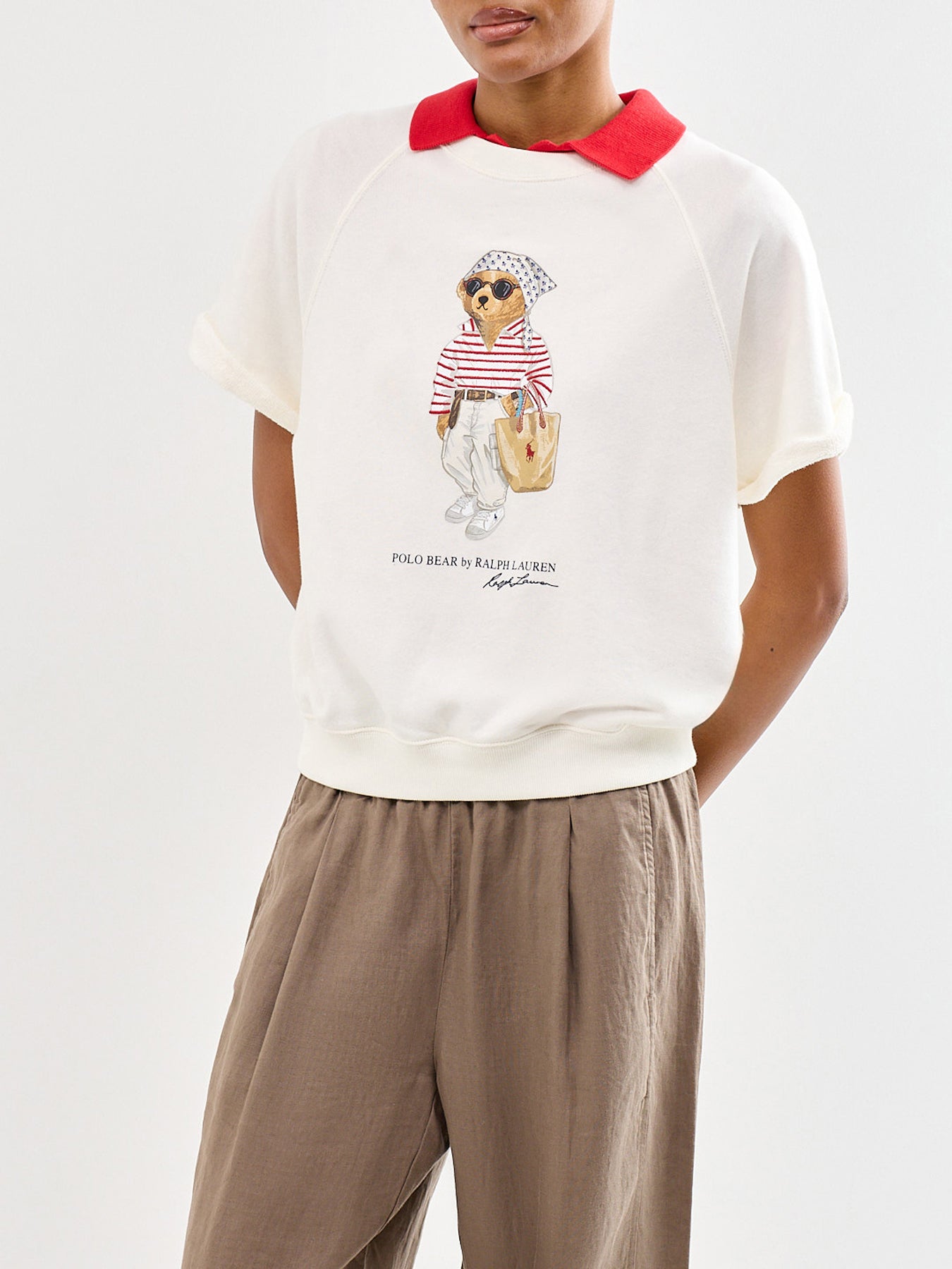 Bear Short Sleeve Knit Sweatshirt Cream