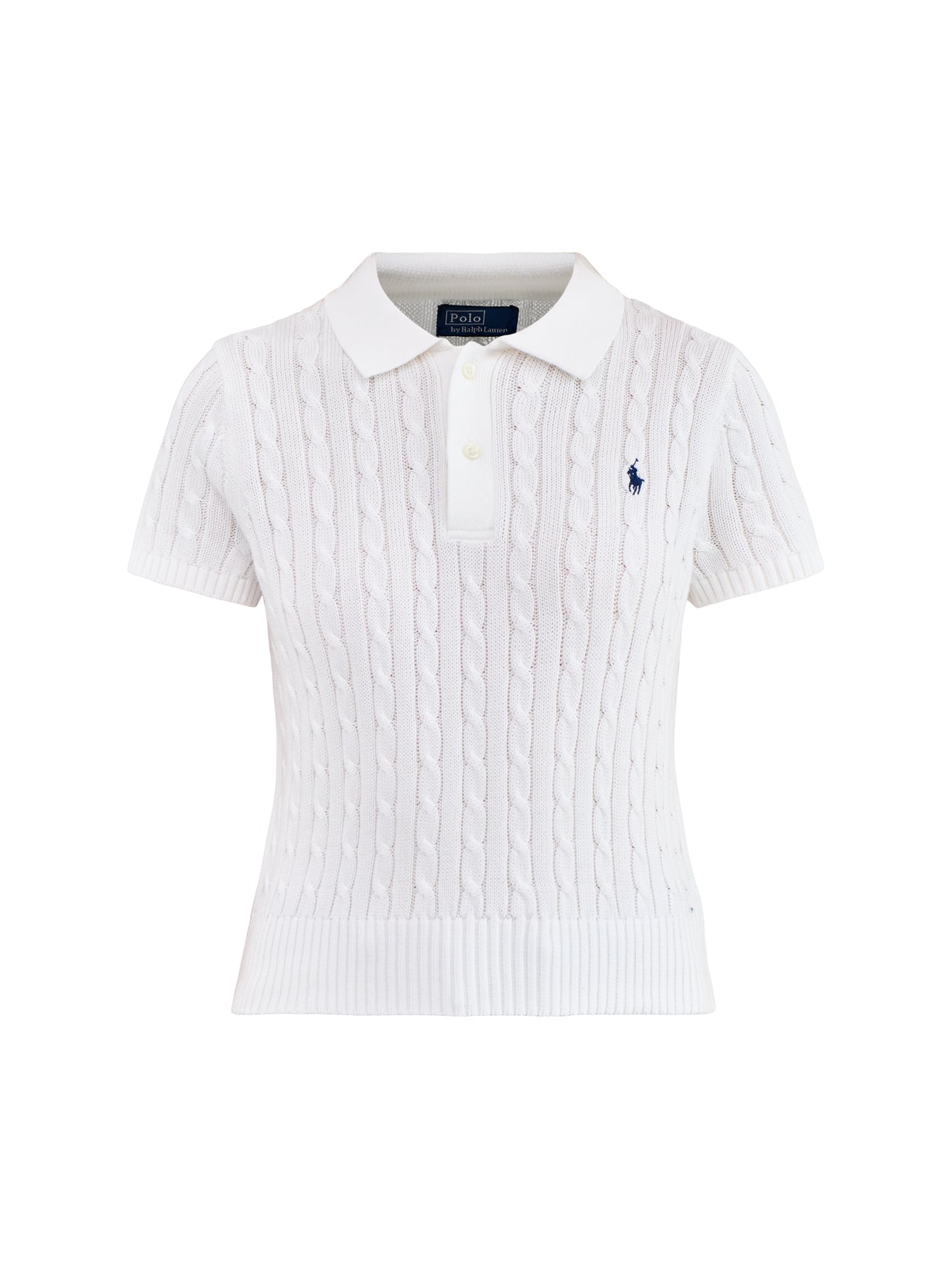 Cable Knit Short Sleeve Polo Pullover White