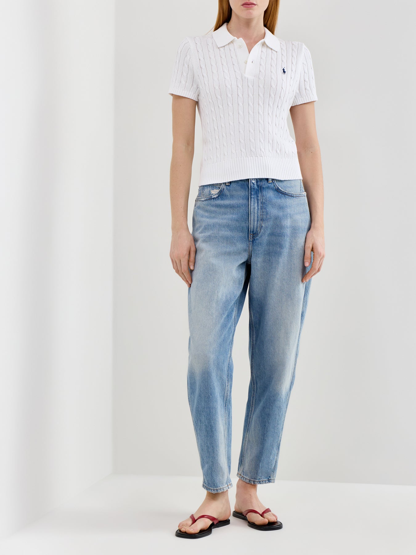 Cable Knit Short Sleeve Polo Pullover White