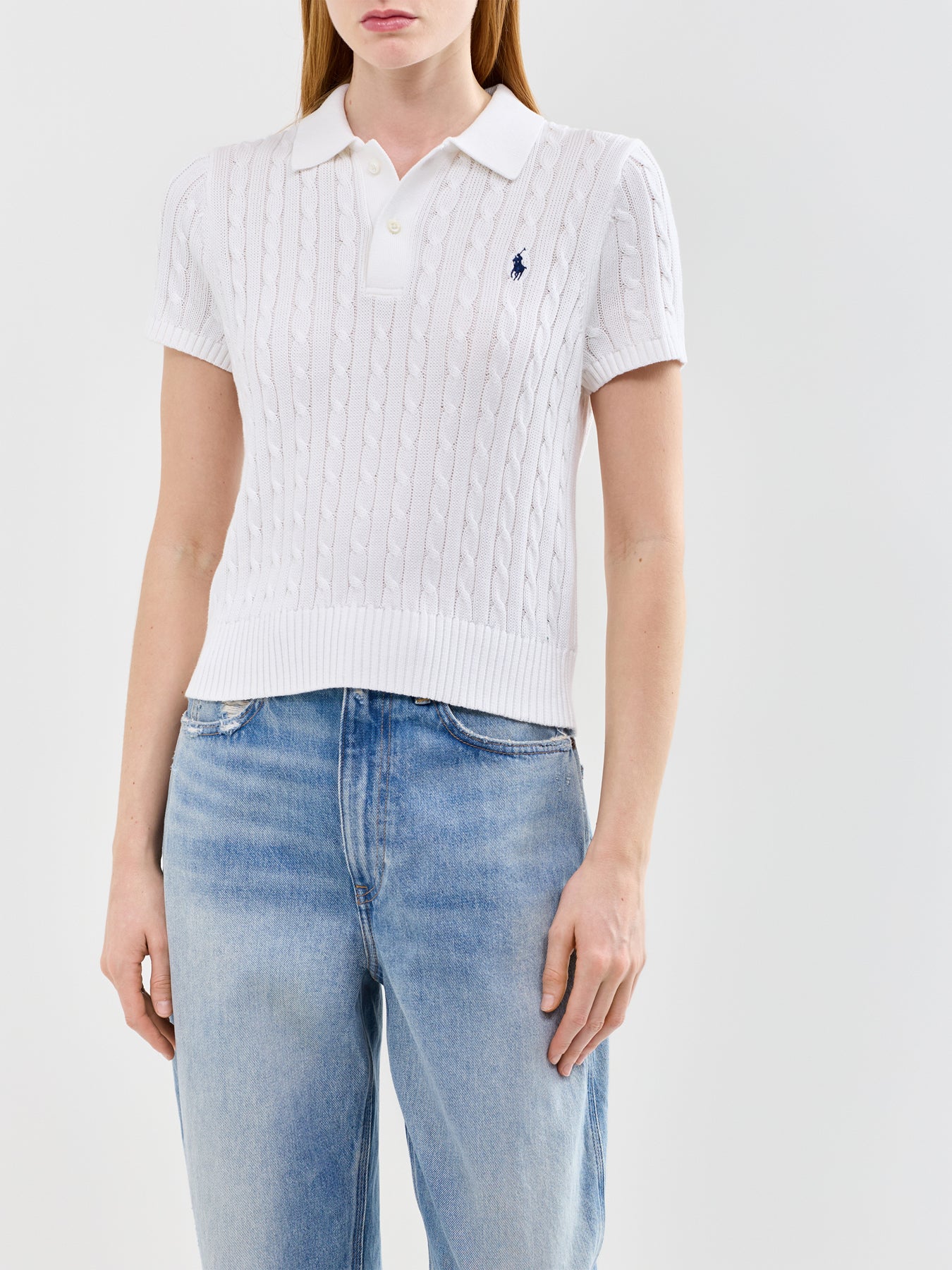 Cable Knit Short Sleeve Polo Pullover White