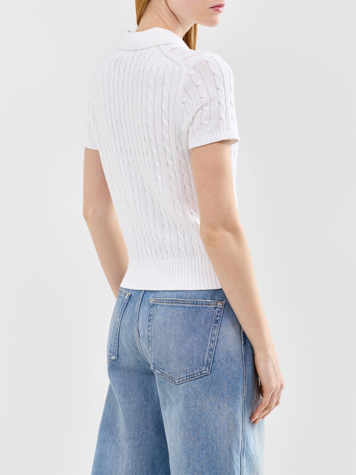 Cable Knit Short Sleeve Polo Pullover White