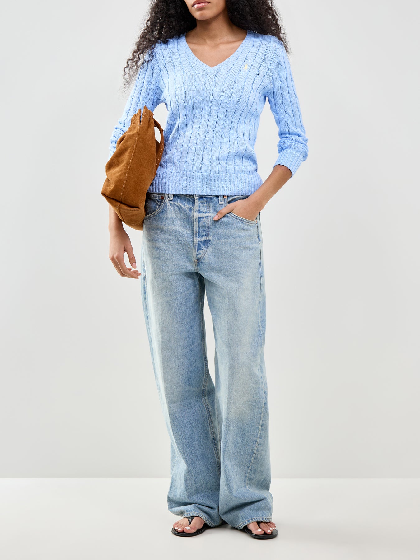 Cable Knit V-Neck Jumper Blue