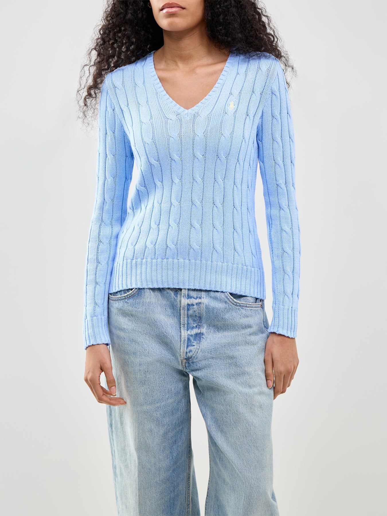Cable Knit V-Neck Jumper Blue