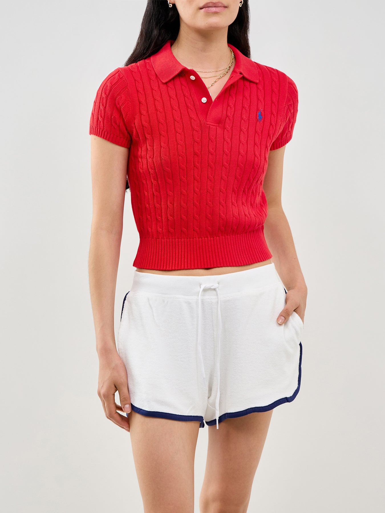 Cable Knit Short Sleeve Polo Red