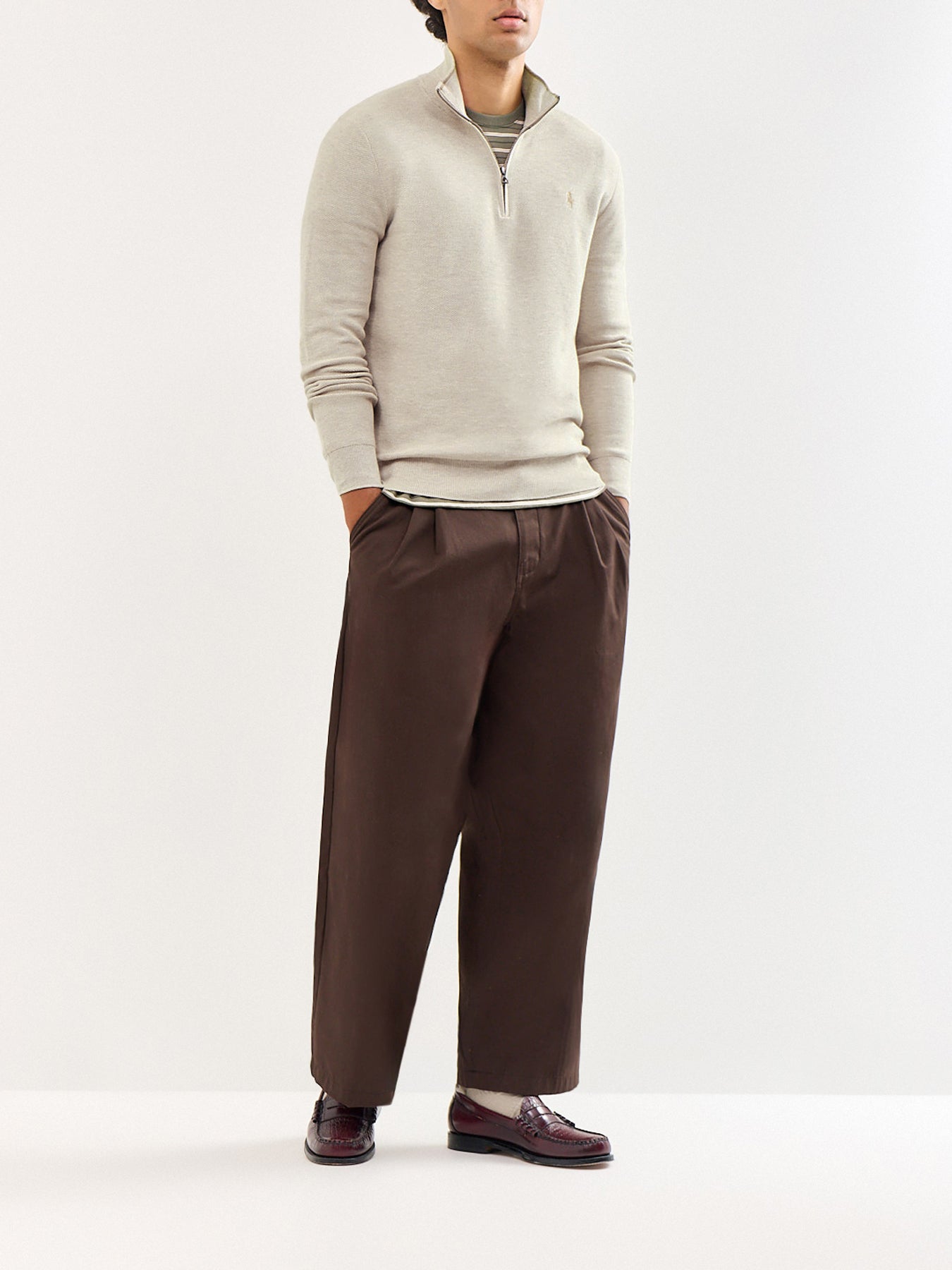 Texture Cotton Quarter Zip Jumper Brown
