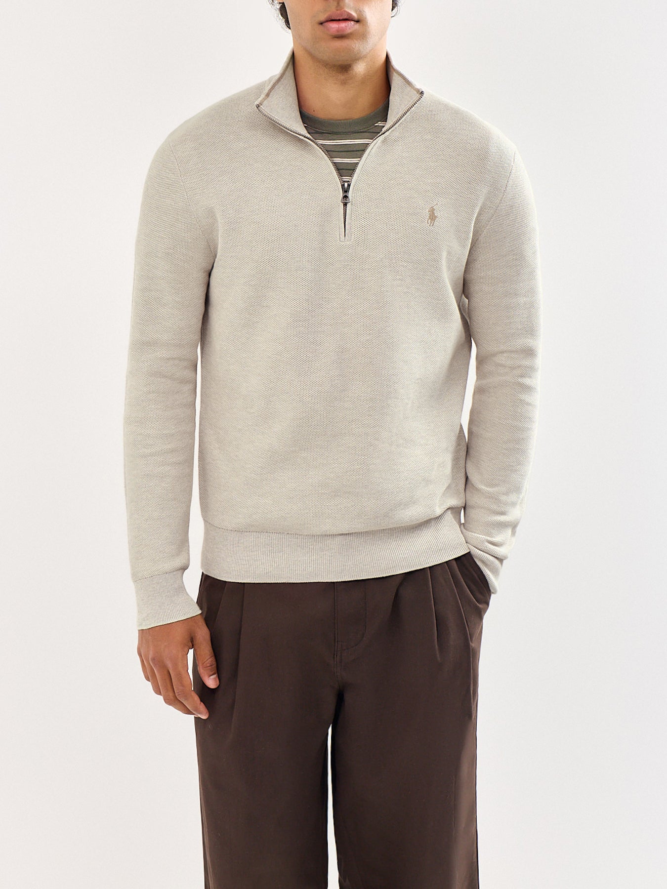 Texture Cotton Quarter Zip Jumper Brown
