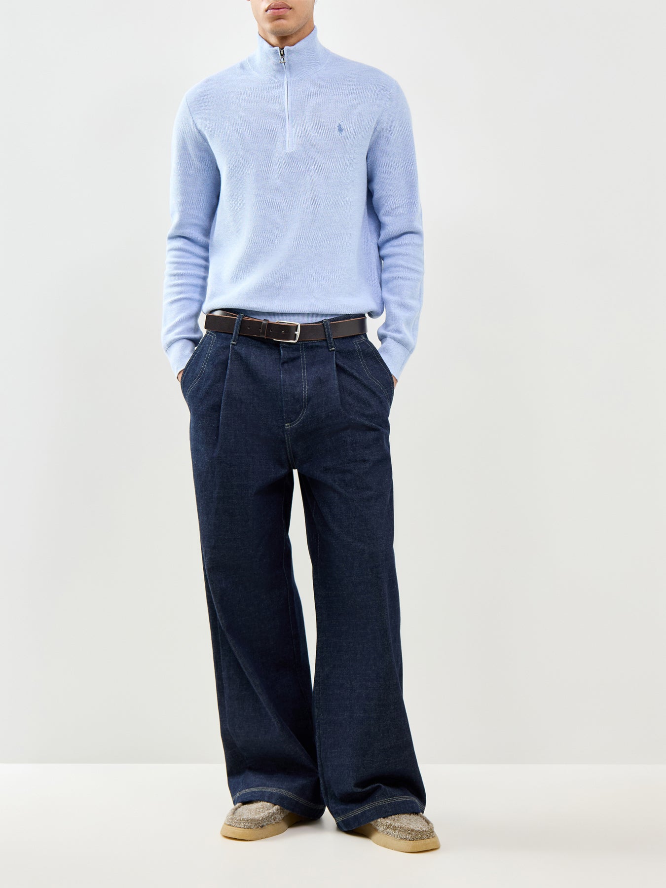 Quarter Zip Textured Knit Jumper Blue