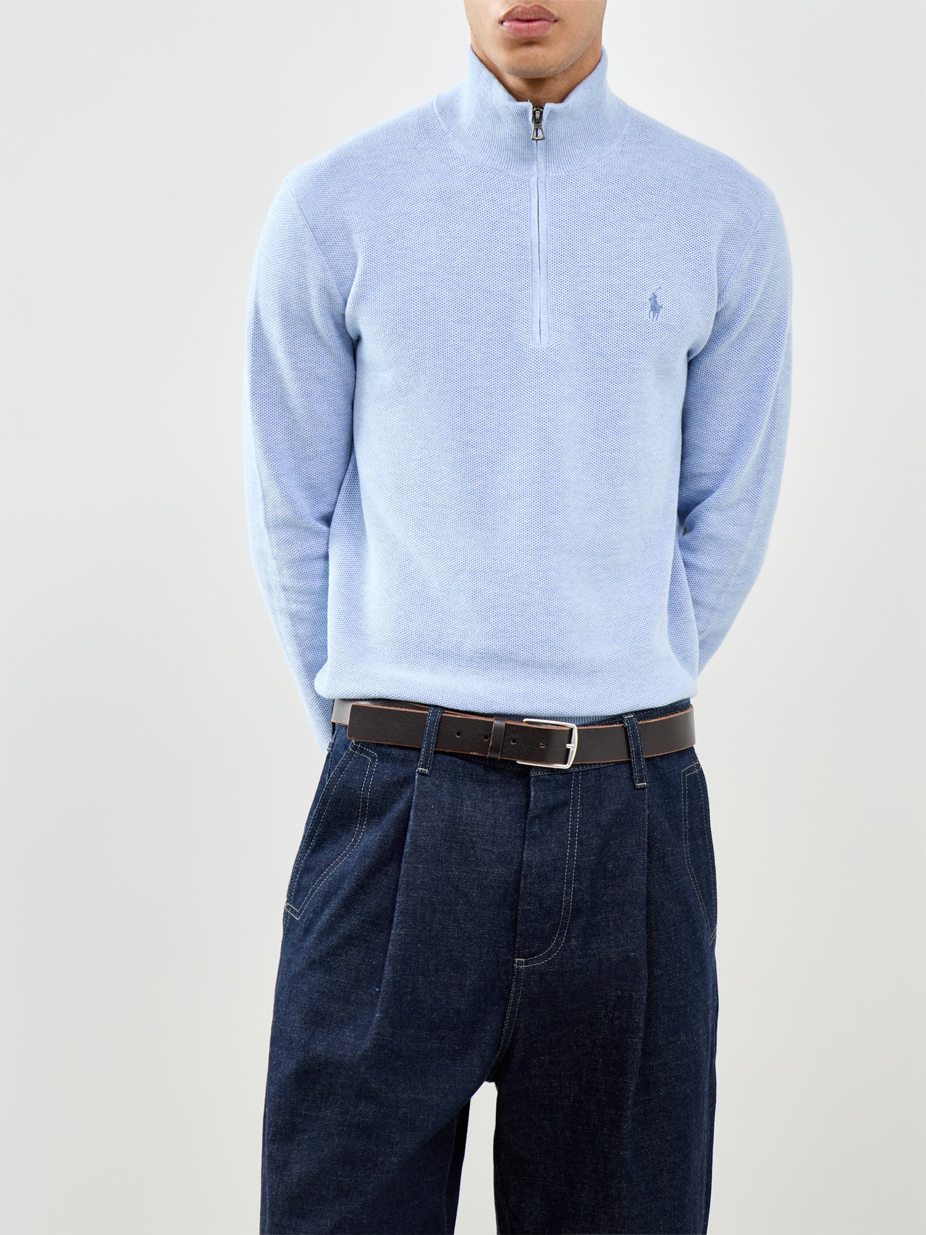 Quarter Zip Textured Knit Jumper Blue