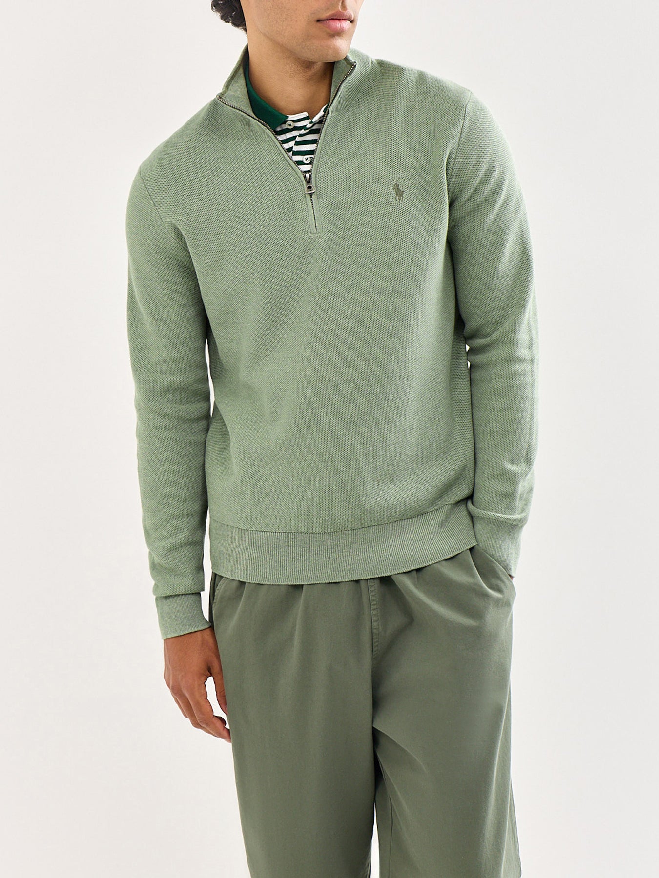 Texture Cotton Quarter Zip Jumper Green