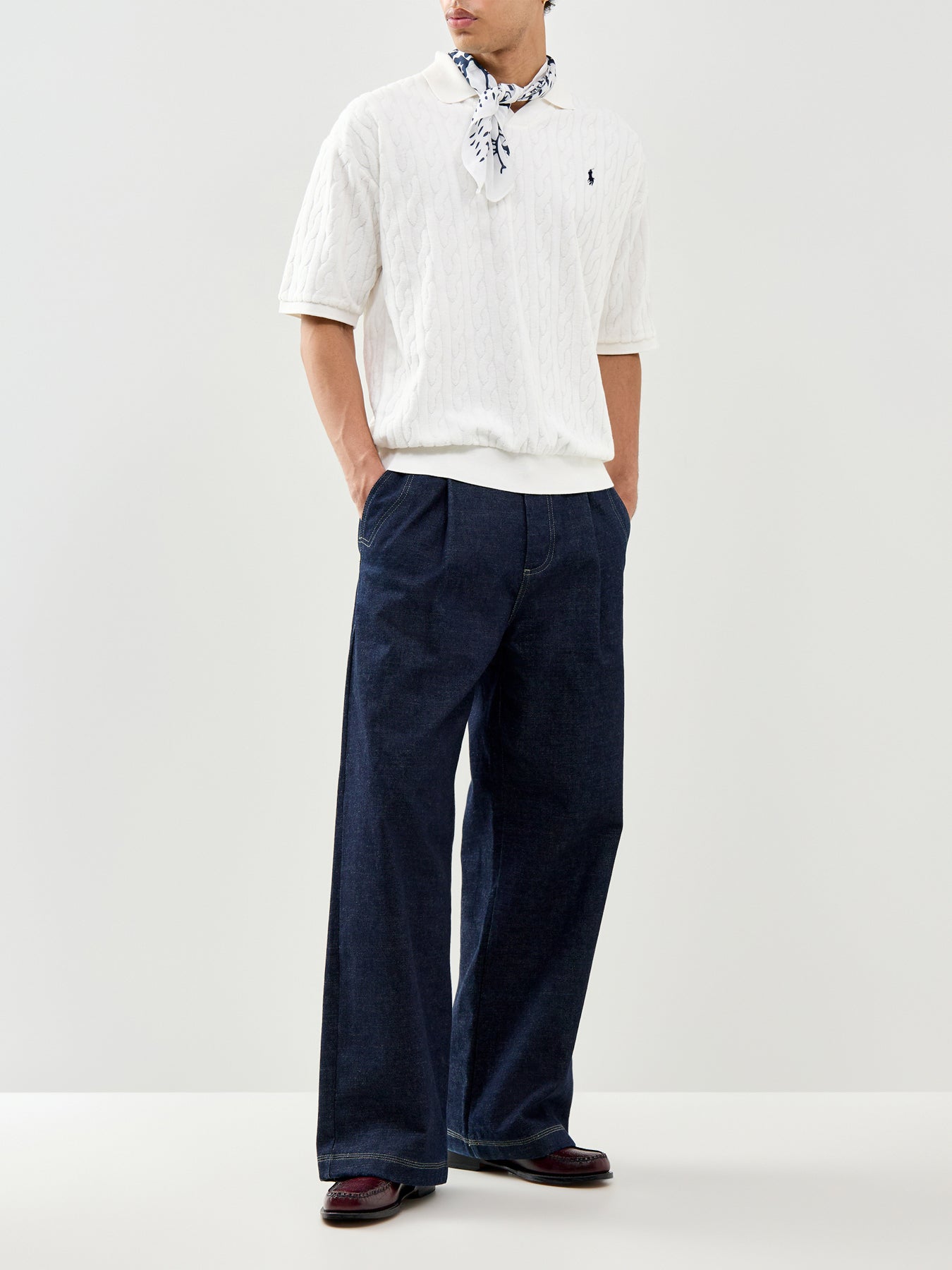 Open Collar Cable Polo Top White