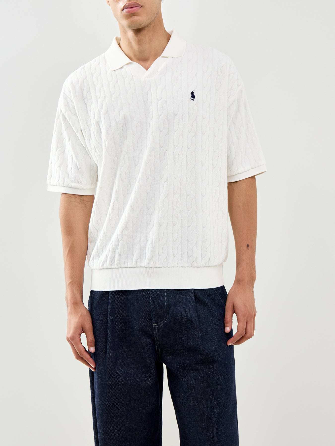 Open Collar Cable Polo Top White