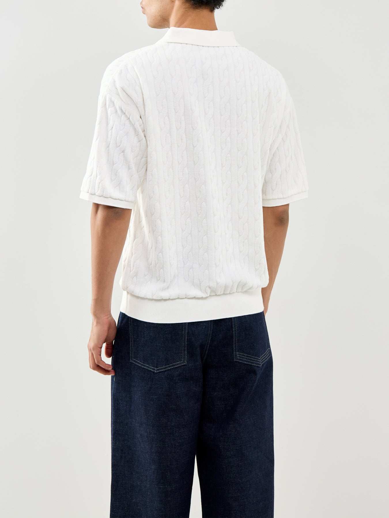 Open Collar Cable Polo Top White