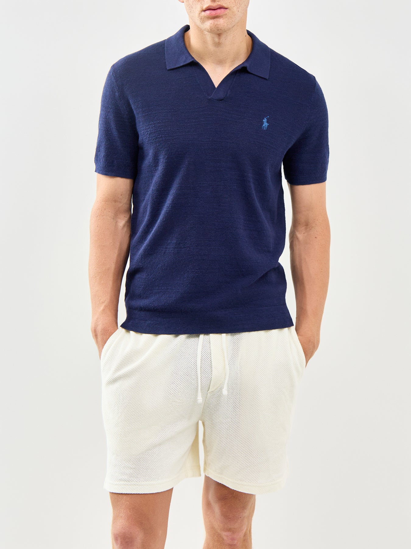 Open Collar Linen Mix Polo Navy