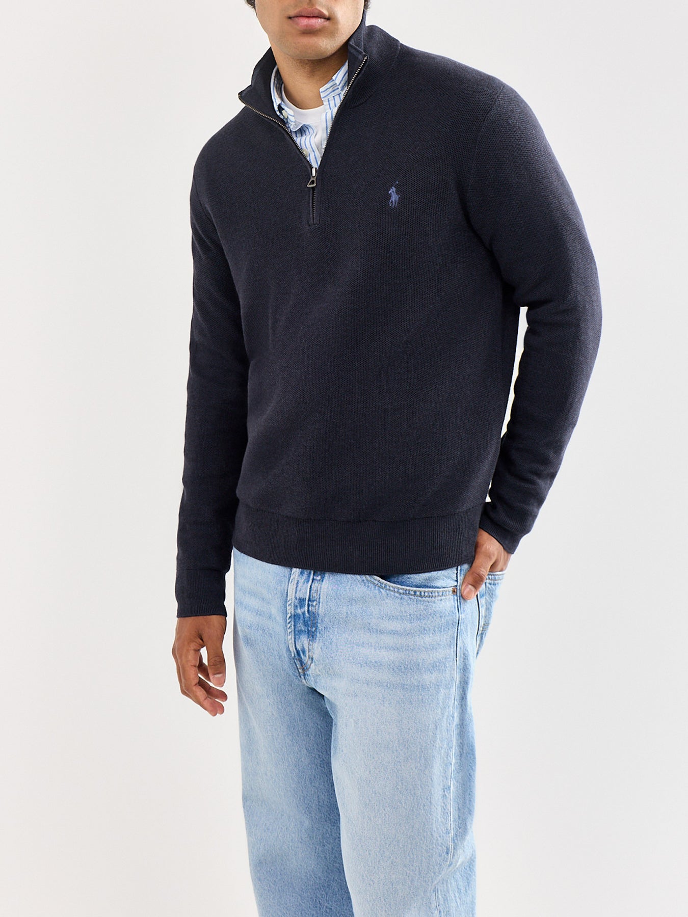 Texture Cotton Quarter Zip Jumper Navy