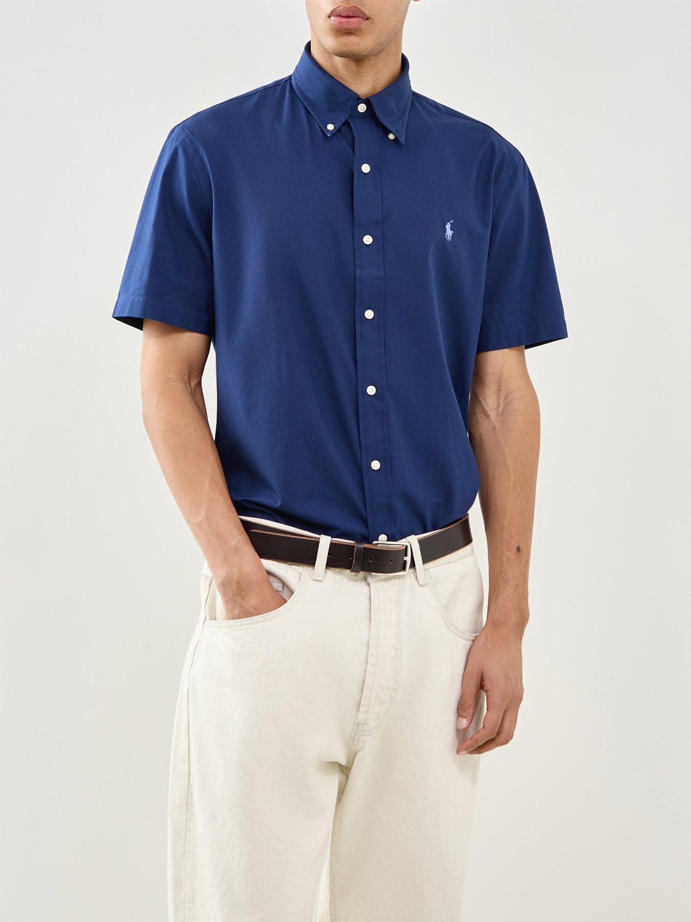 Custom Fit Poplin Stretch Short Sleeve Shirt Navy