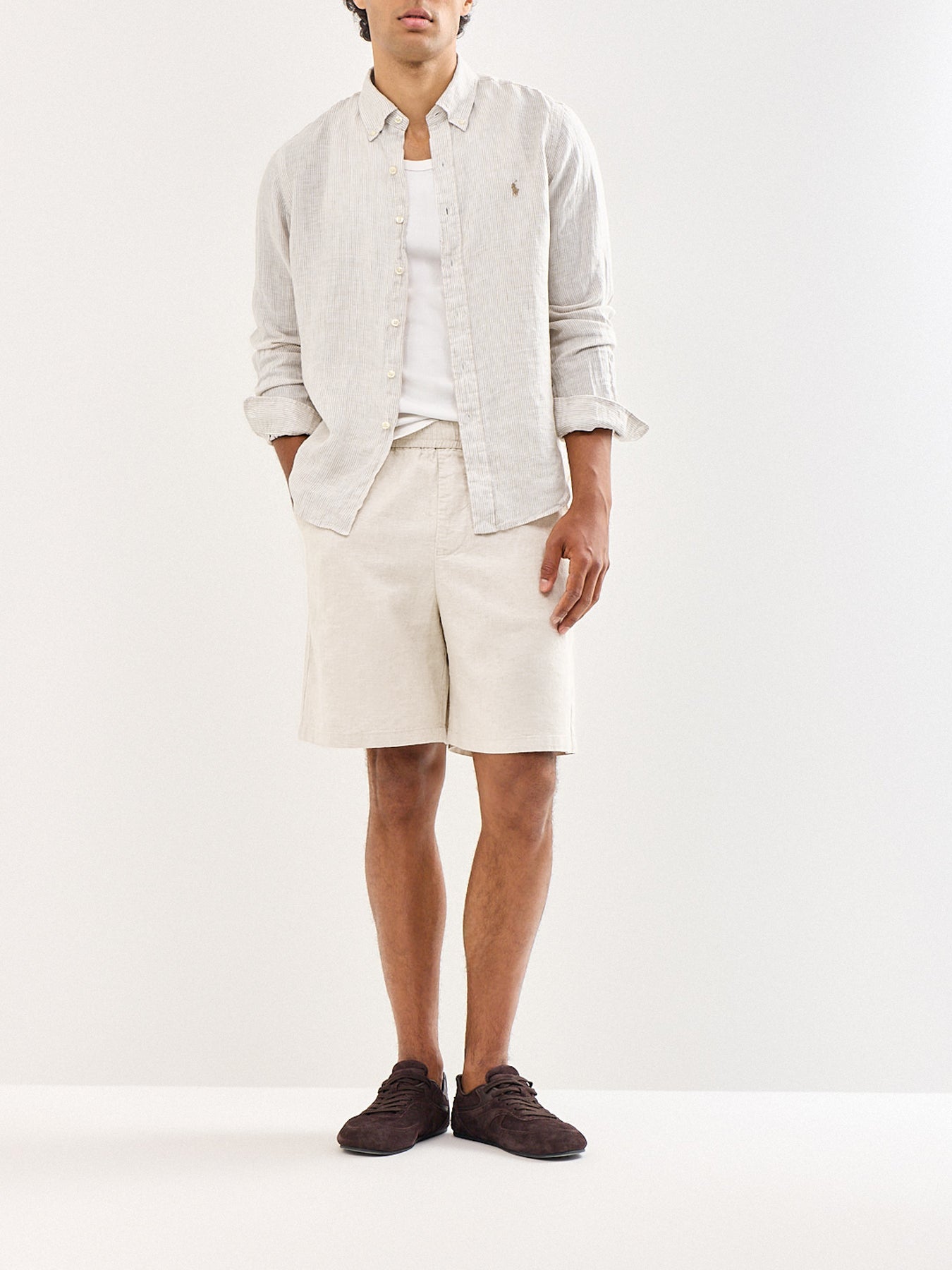 Custom Fit Pin Stripe Linen Shirt Beige