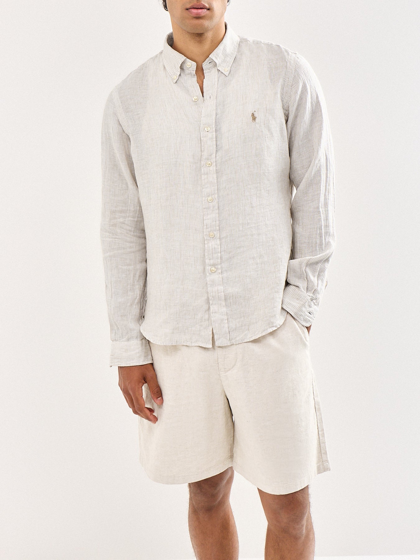Custom Fit Pin Stripe Linen Shirt Beige