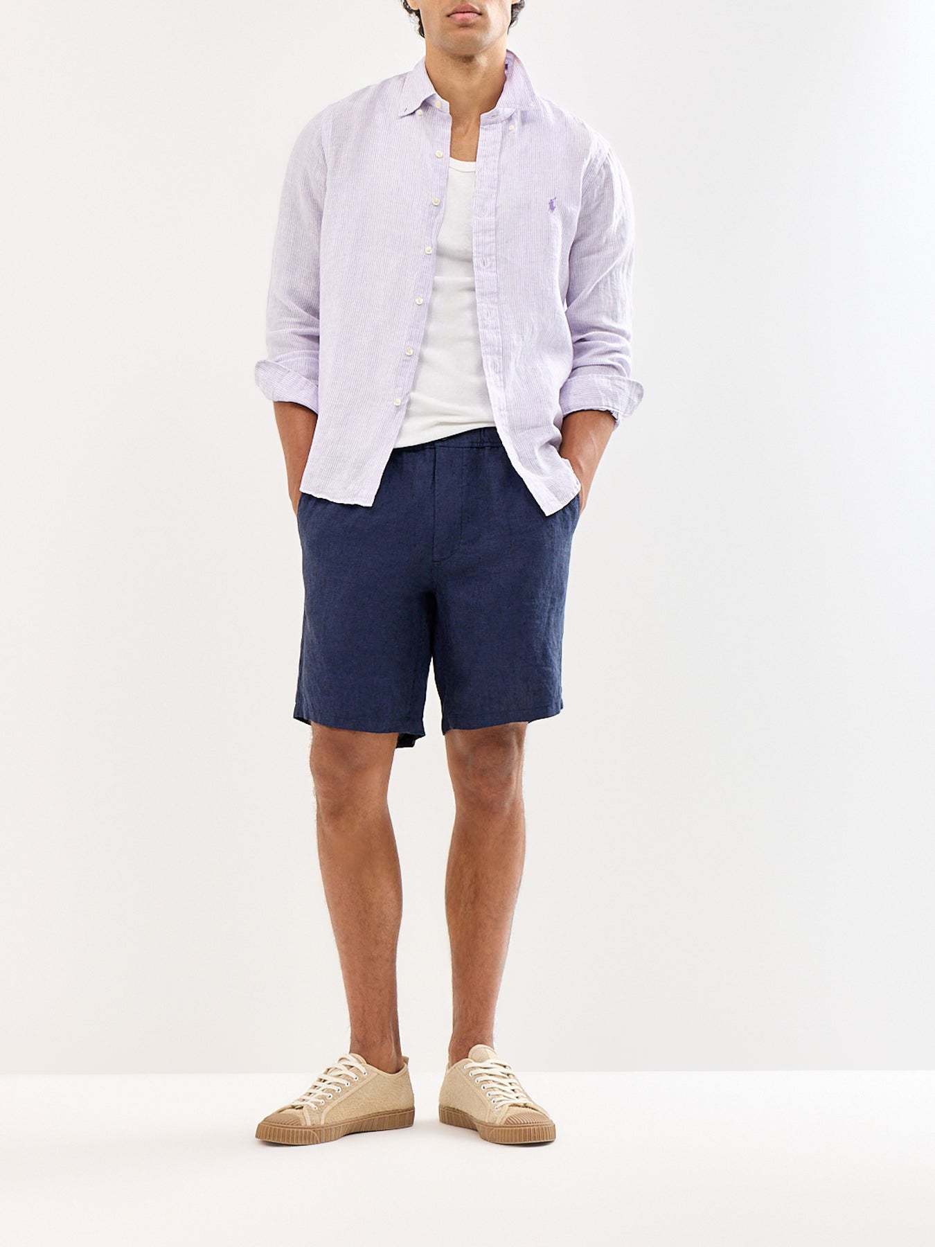 Custom Fit Pin Stripe Linen Shirt Purple