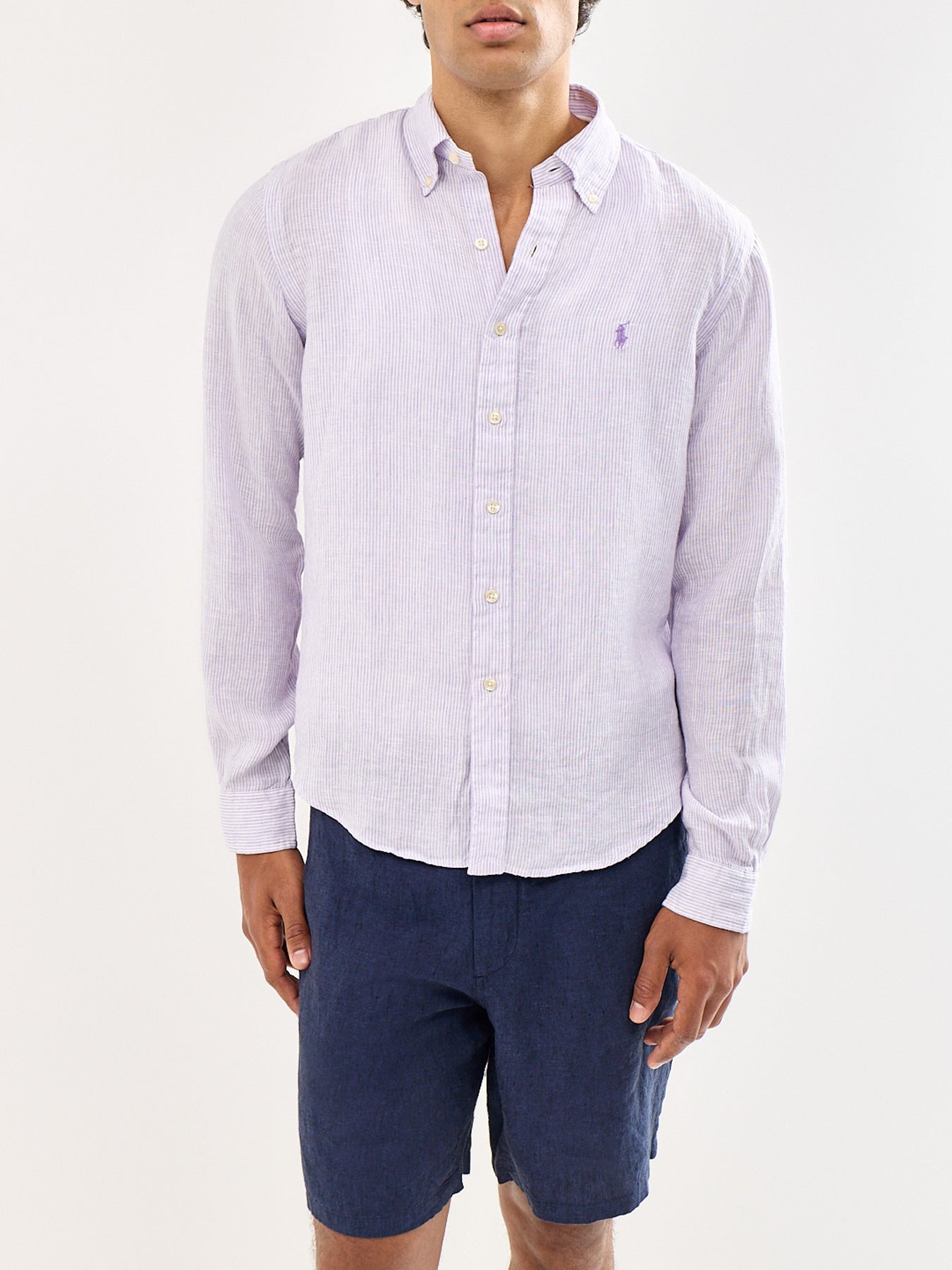 Custom Fit Pin Stripe Linen Shirt Purple