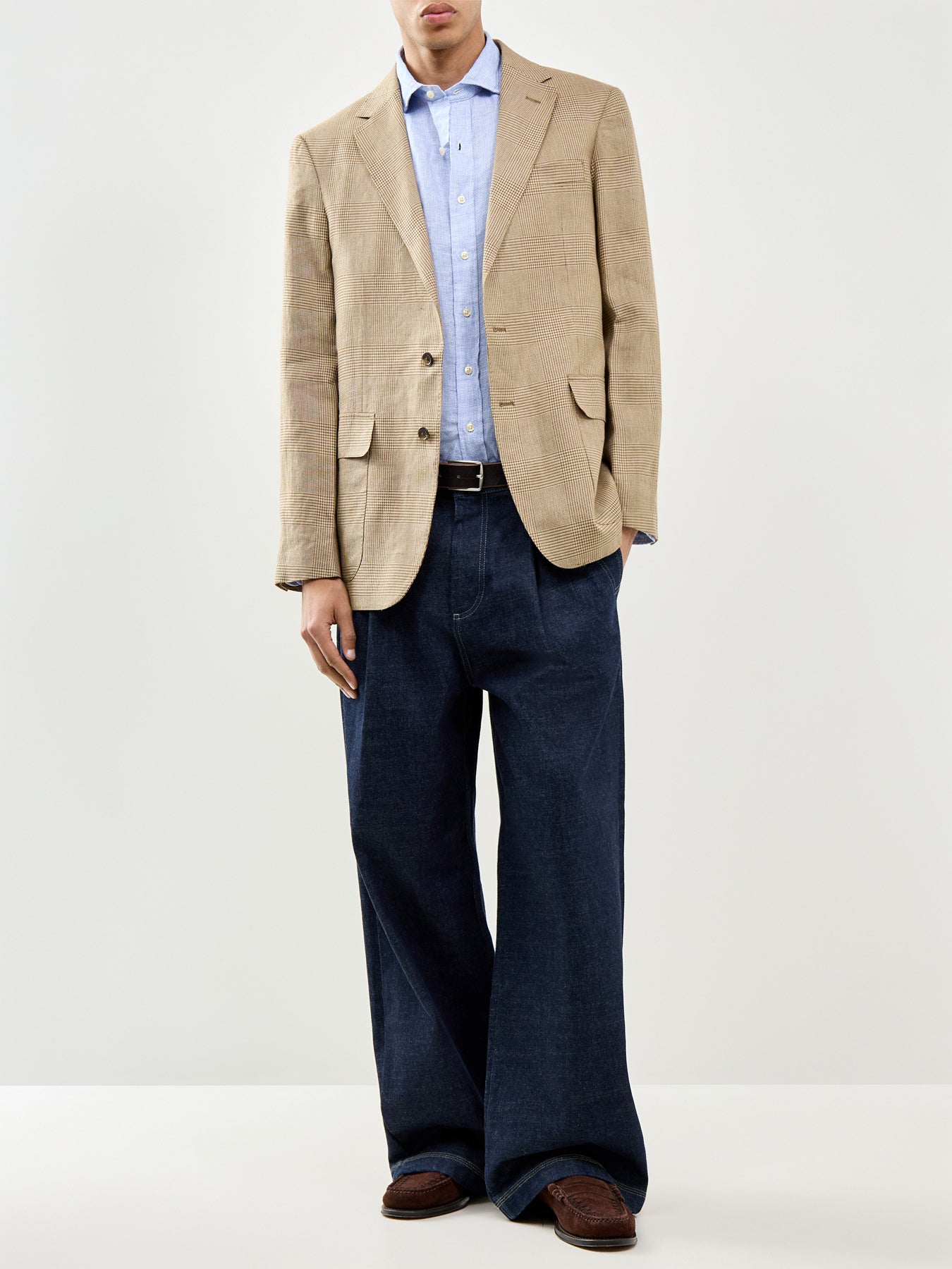 Custom Fit Micro Check Linen Shirt Blue