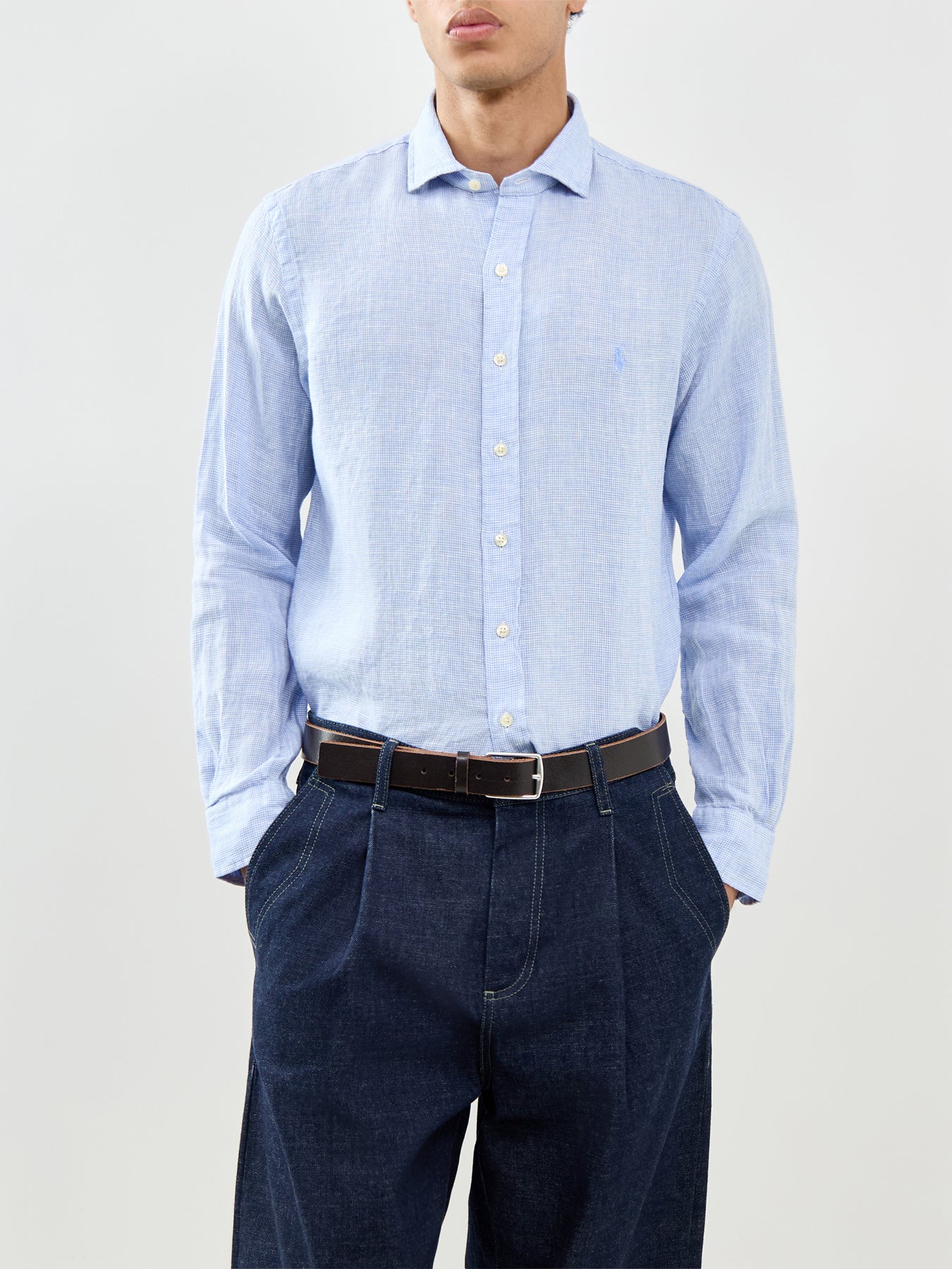 Custom Fit Micro Check Linen Shirt Blue