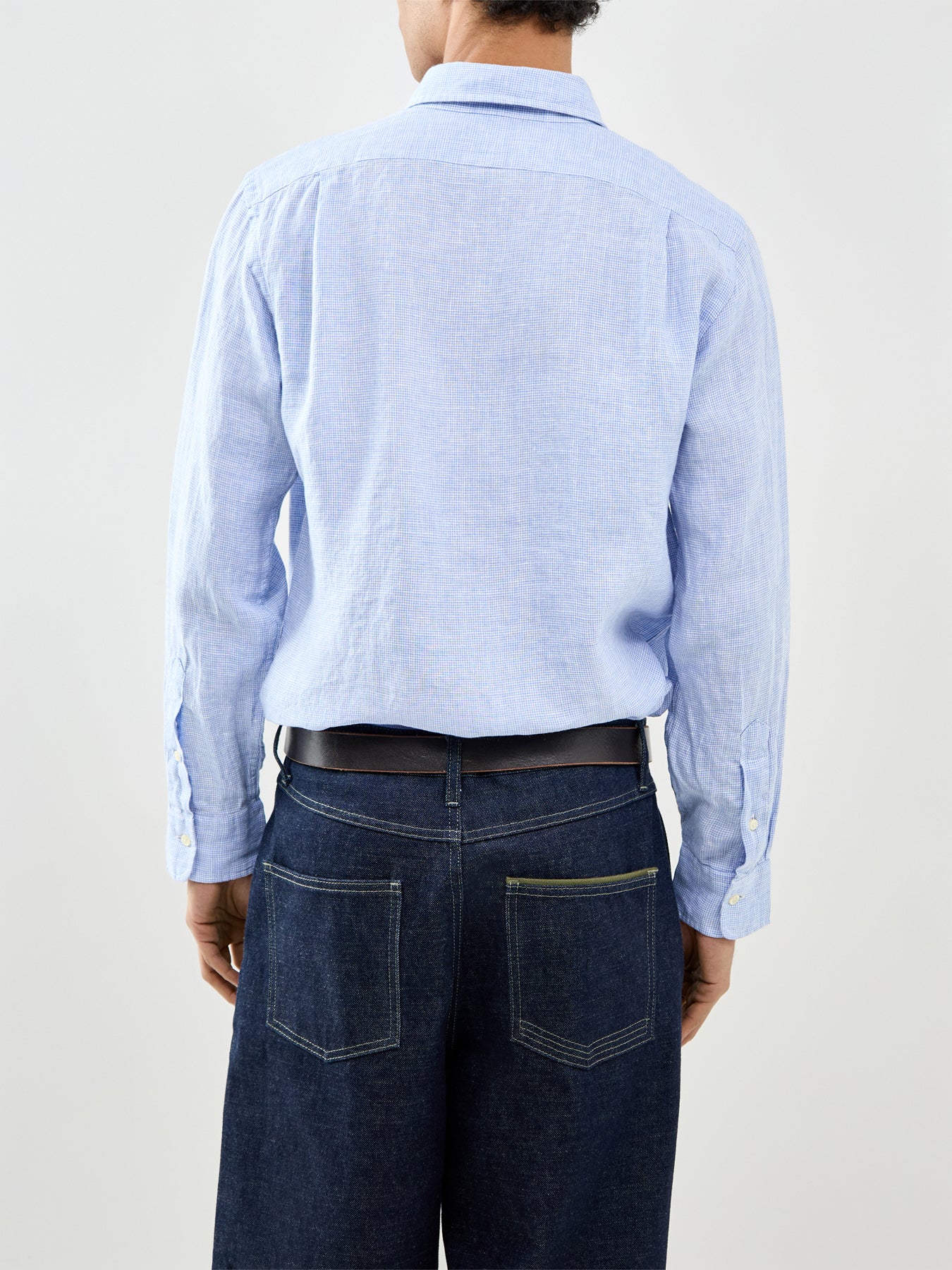 Custom Fit Micro Check Linen Shirt Blue