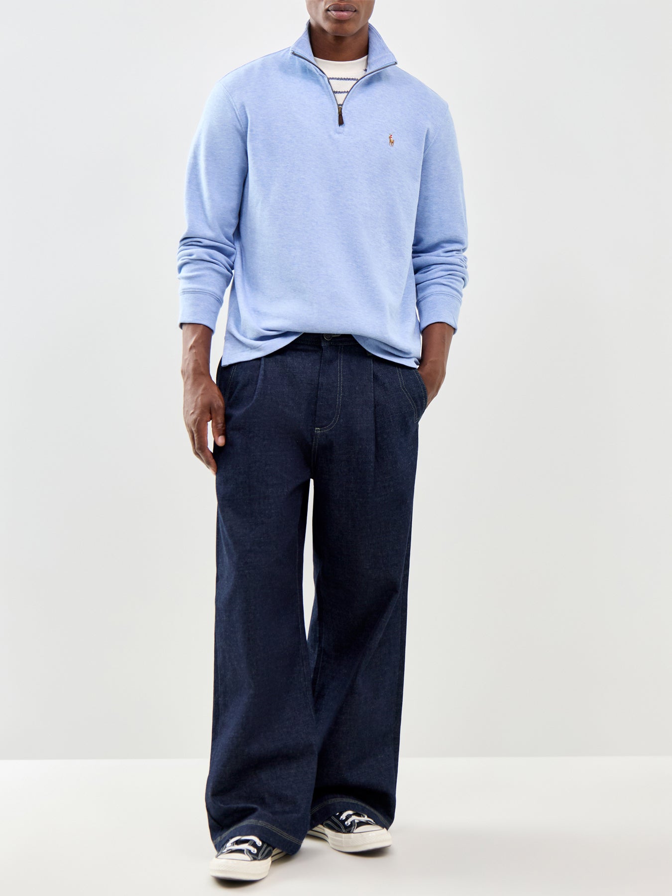 Ribbed Cotton Quarter Zip Sweatshirt Blue
