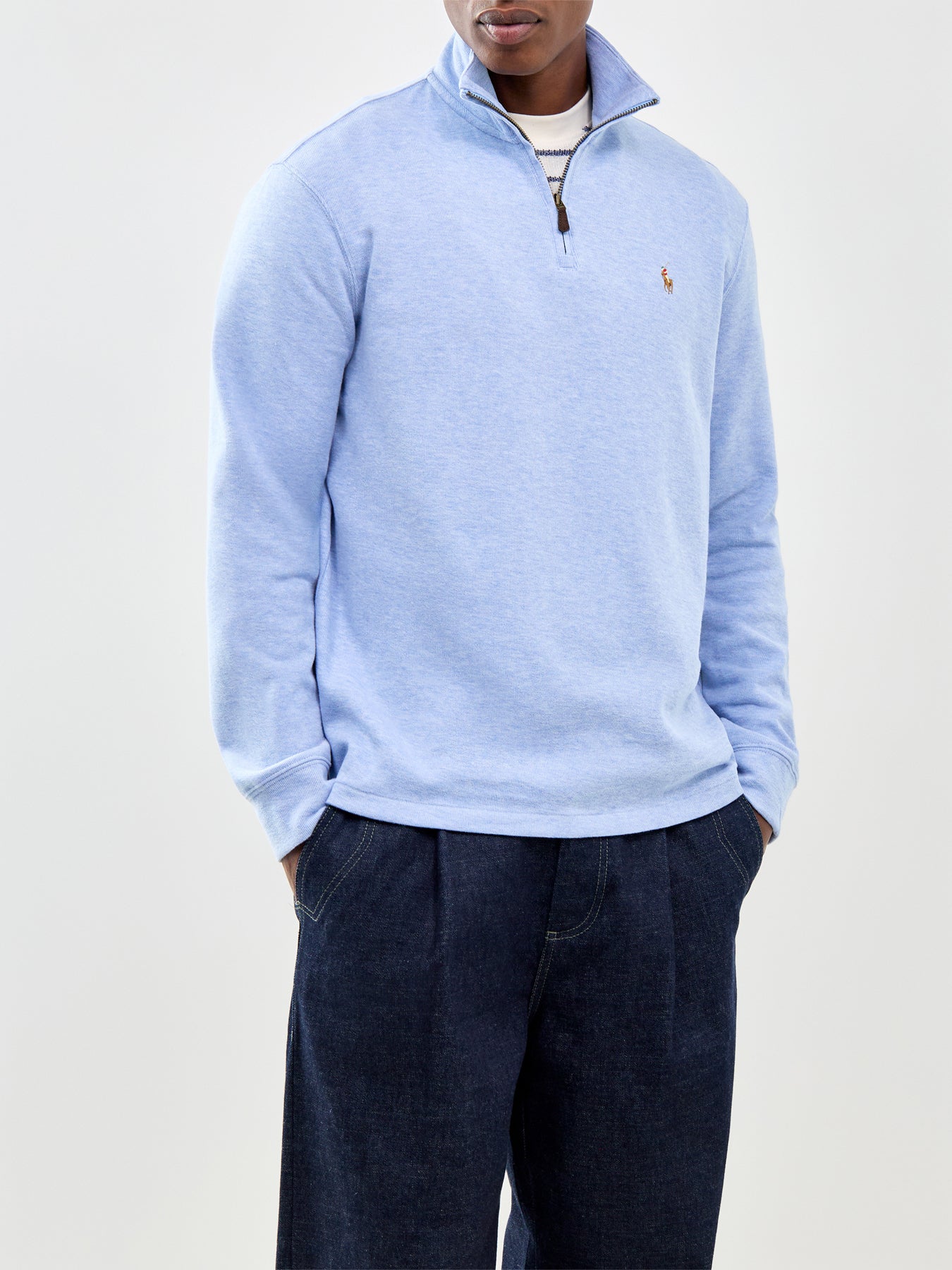 Ribbed Cotton Quarter Zip Sweatshirt Blue