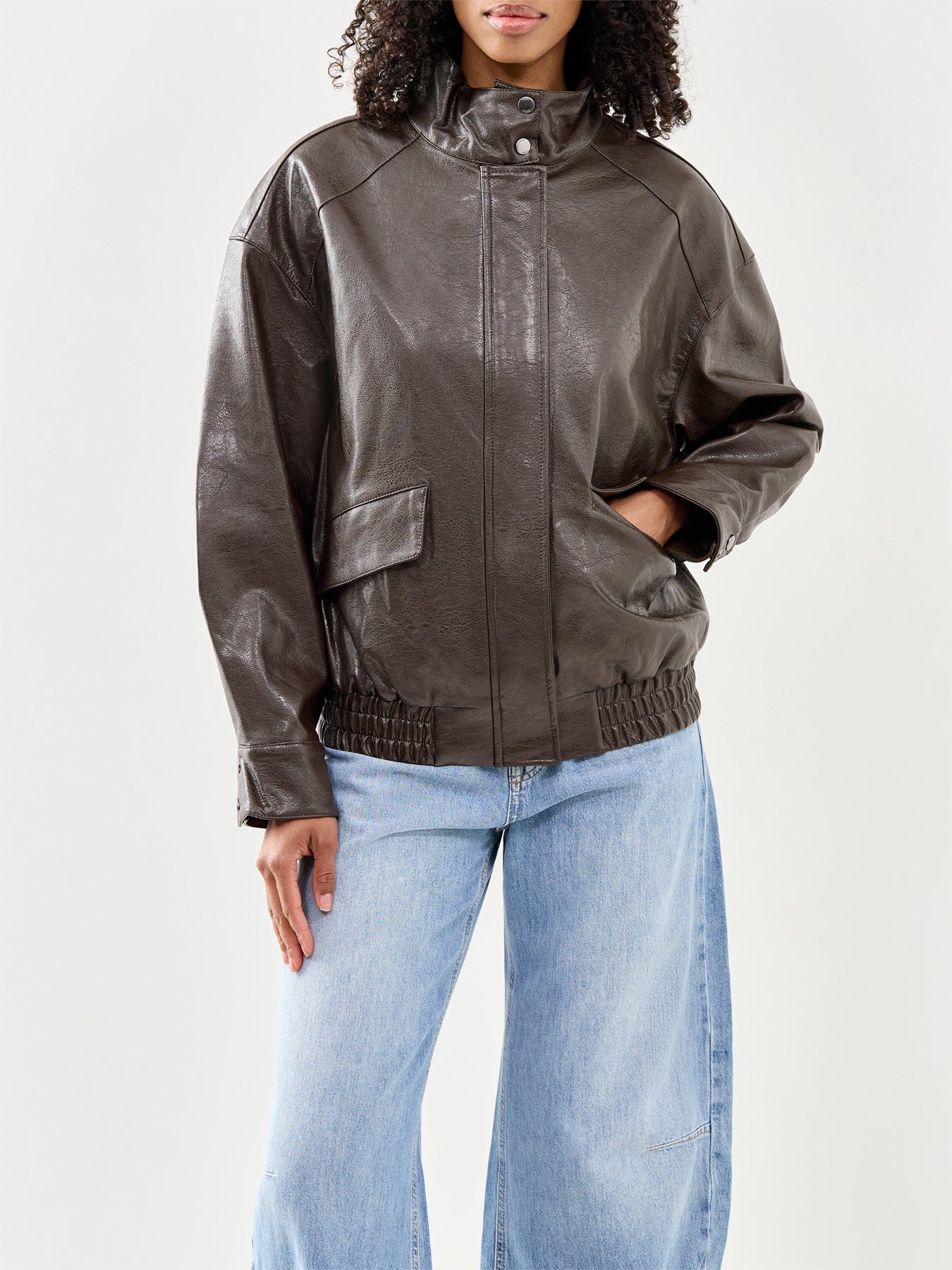 Julia Faux Leather Oversized Bomber Jacket Brown