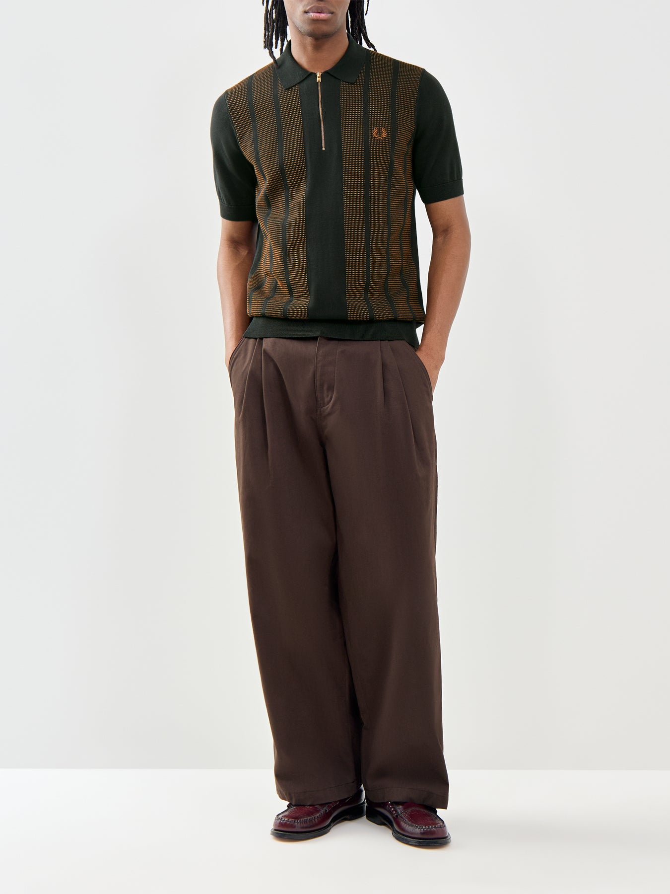 Textured Panel Knitted Zip Polo Multi