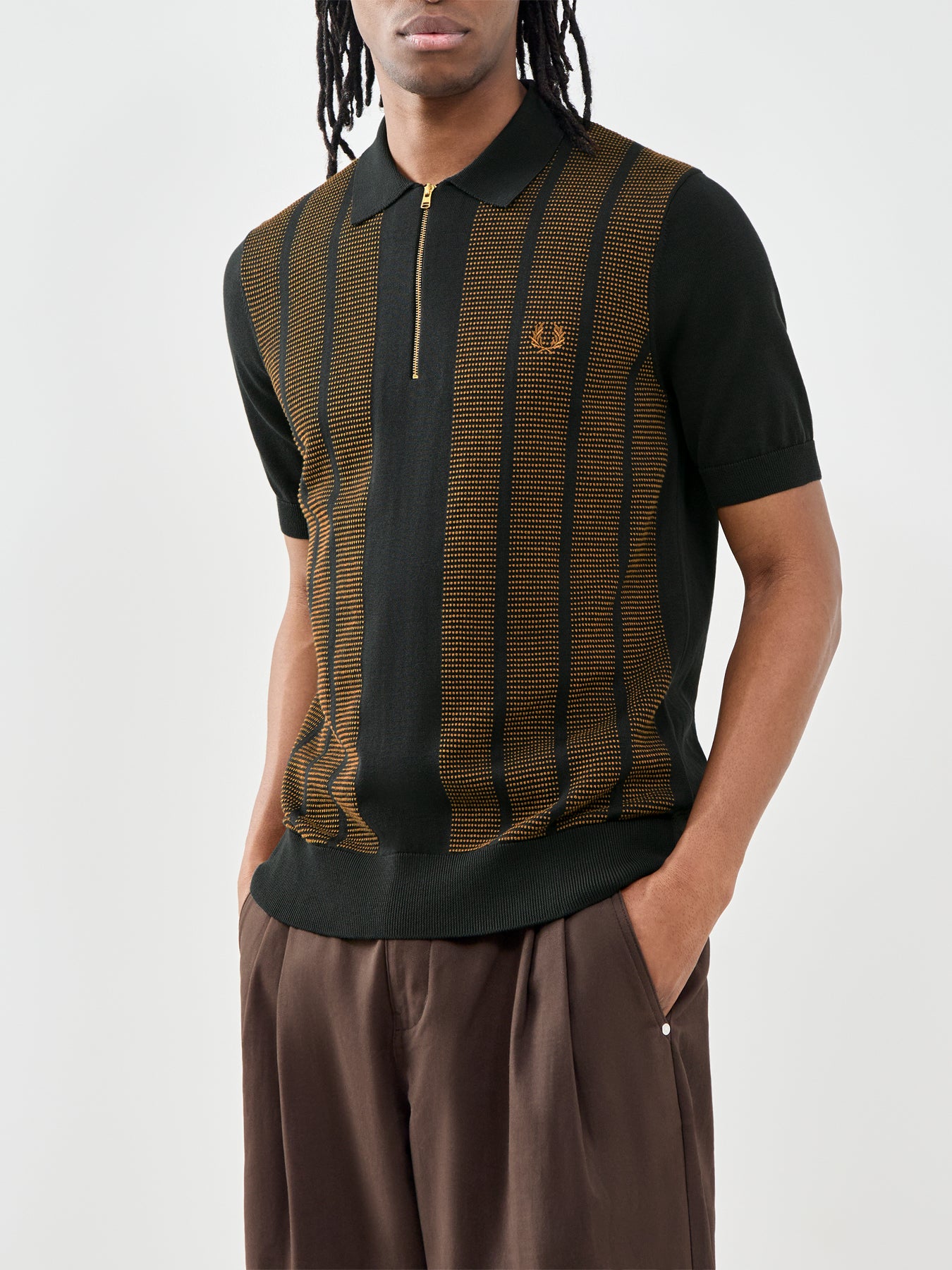 Textured Panel Knitted Zip Polo Multi