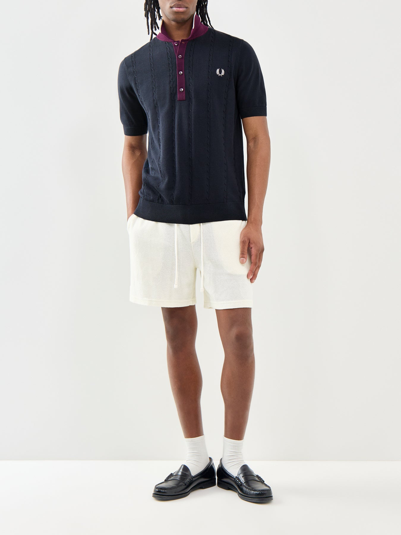 Cable Knit Polo Shirt Navy