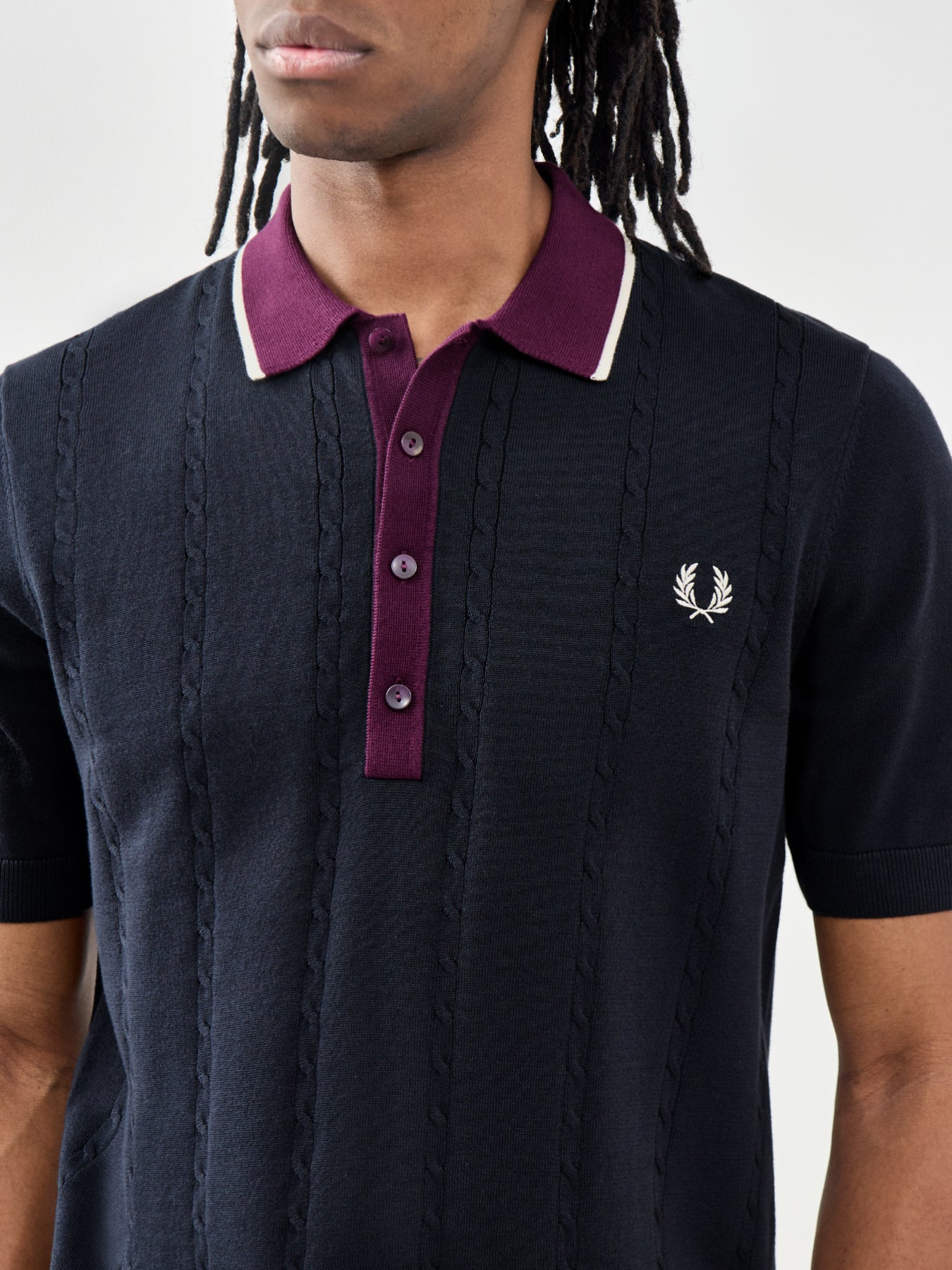 Cable Knit Polo Shirt Navy