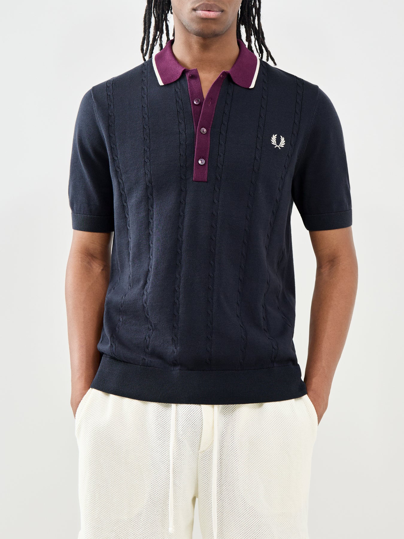 Cable Knit Polo Shirt Navy